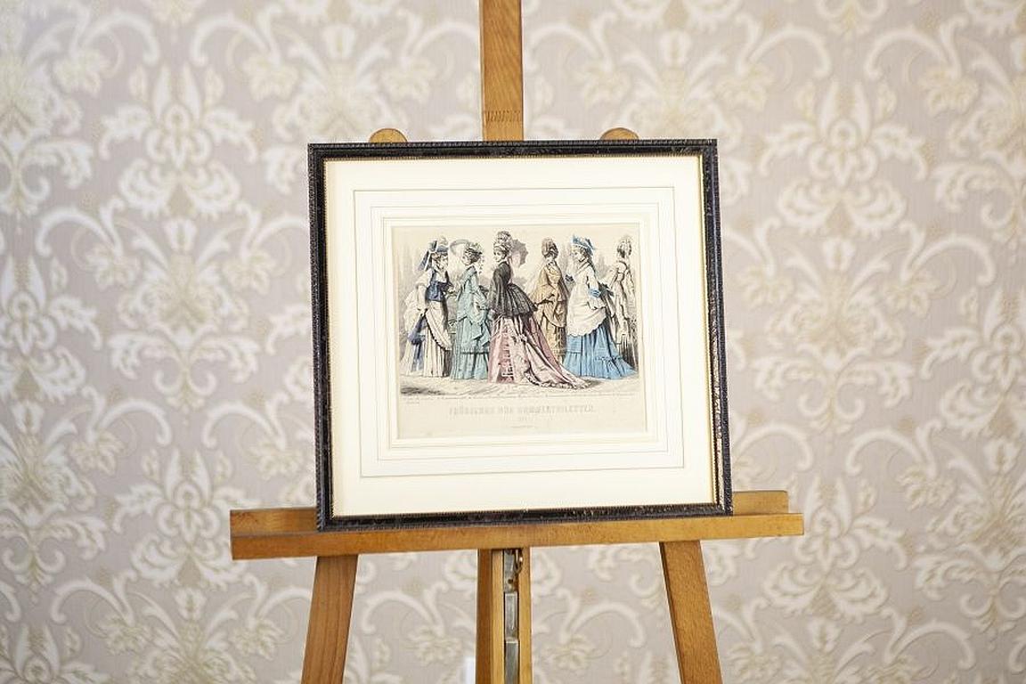 European Two Prints Depicting Late-19th Century Fashion Framed in Wood For Sale