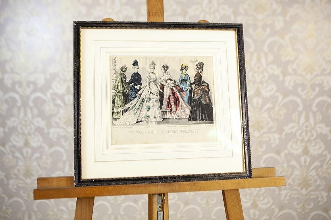 Two Prints Depicting Late-19th Century Fashion Framed in Wood For Sale 1