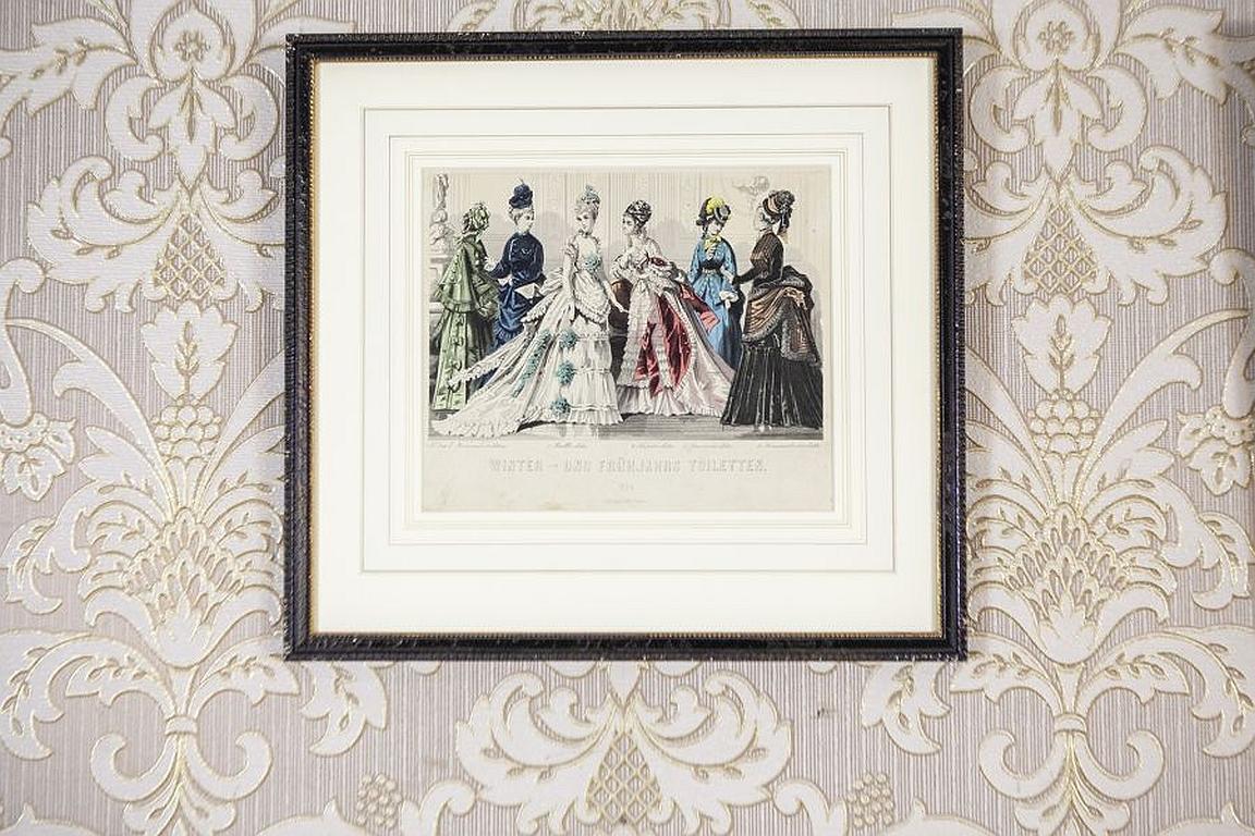 Two Prints Depicting Late-19th Century Fashion Framed in Wood For Sale 3