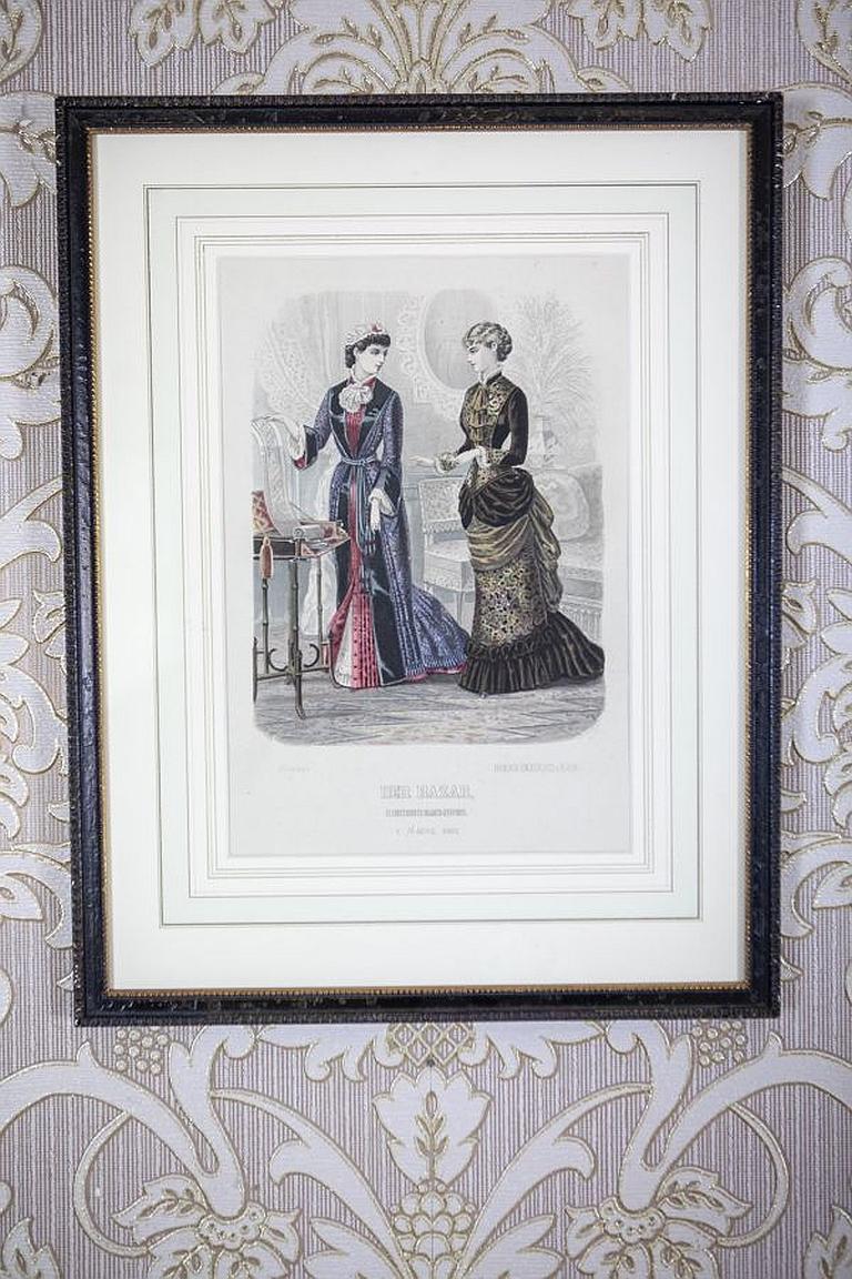 Glass Two Prints in Dark Frame Depicting Late-19th Century Fashion For Sale
