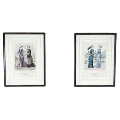 Deux gravures dans un cadre sombre représentant la mode de la fin du XIXe siècle