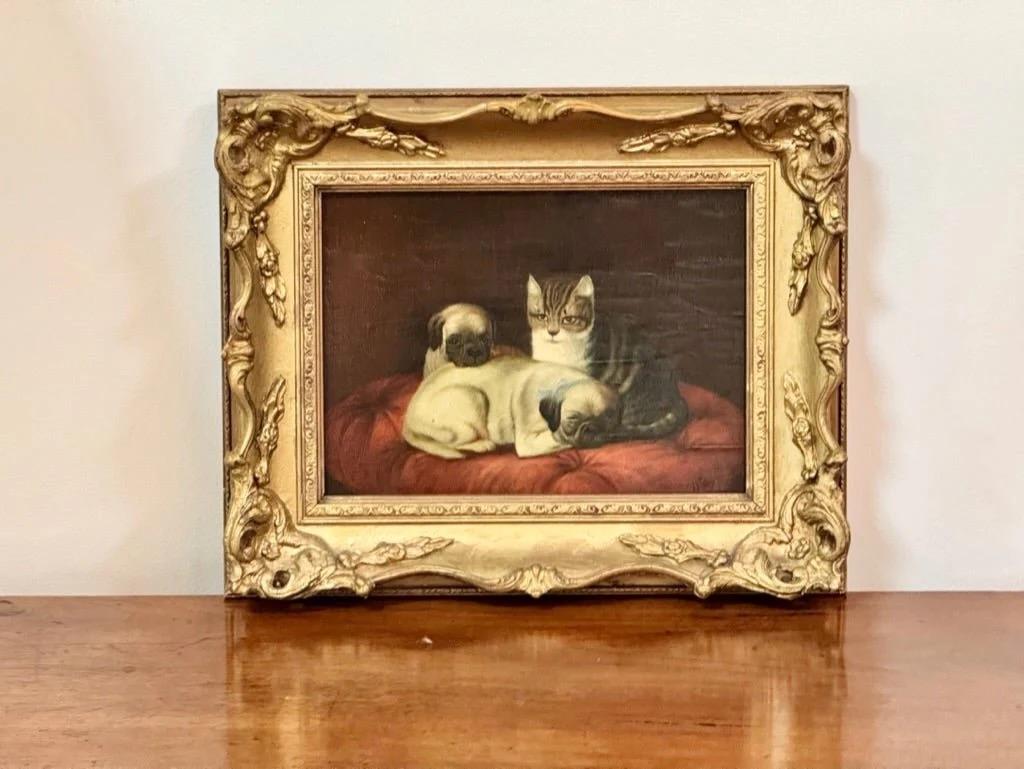 Oil on Board,  two pugs and a cat, Agnes Augusta Talboys (British 1863-1941) 