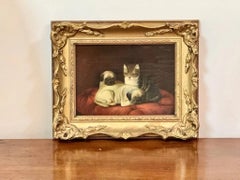 Two Pugs and a Cat 19th Century Oil Painting