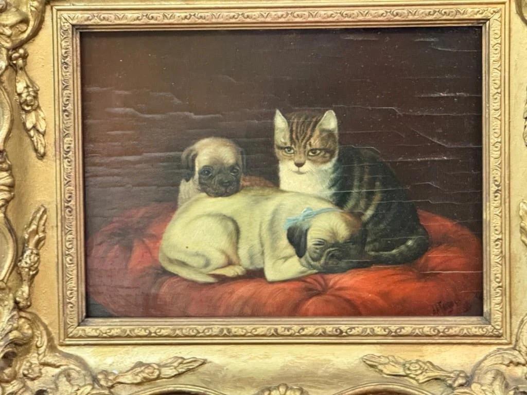 British Two Pugs and a Cat 19th Century Oil Painting