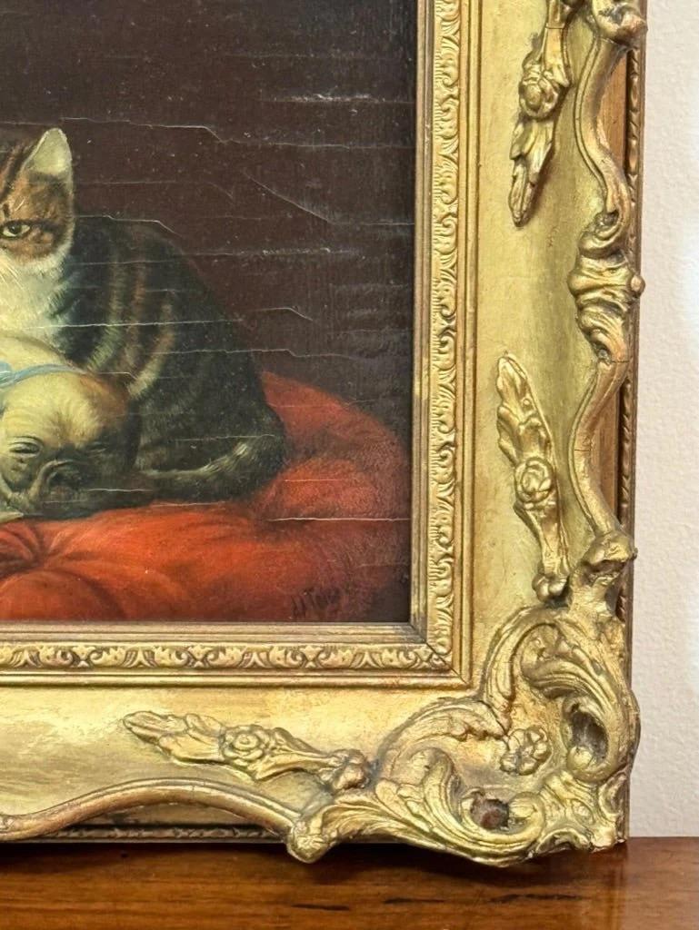 Two Pugs and a Cat 19th Century Oil Painting In Good Condition In Charlottesville, VA