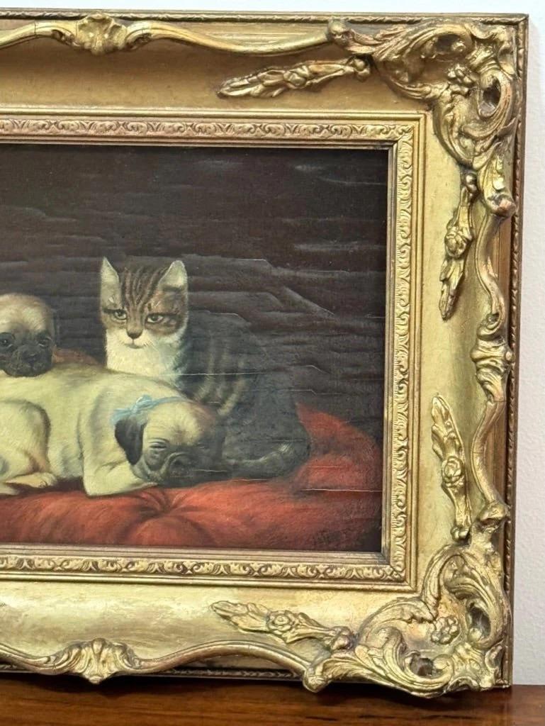 Two Pugs and a Cat 19th Century Oil Painting 1