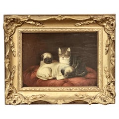 Two Pugs and a Cat 19th Century Oil Painting
