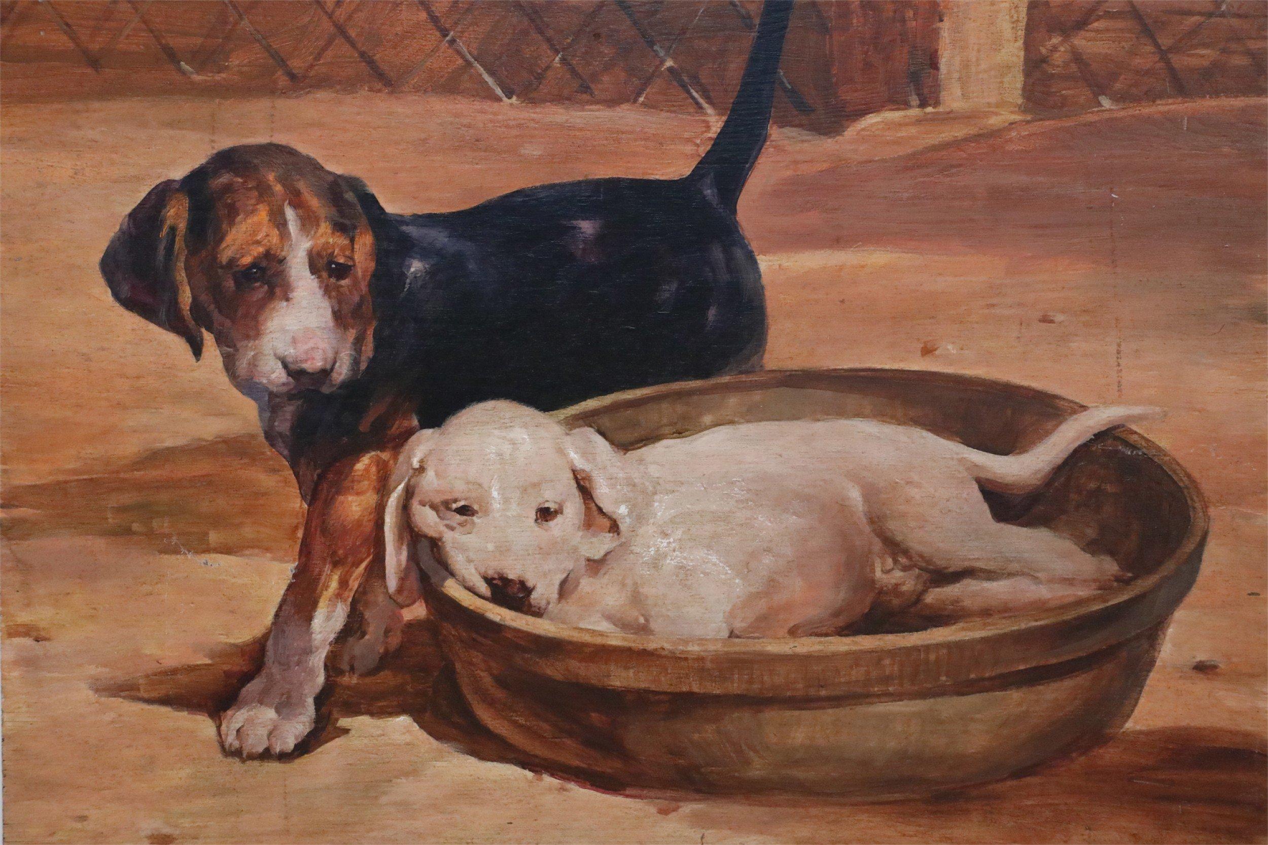 Vintage (20th Century) painting of a yellow lab puppy sleeping in a basket, while a brown, black and white puppy walks by, with a chainlink fence in the background, on plywood.