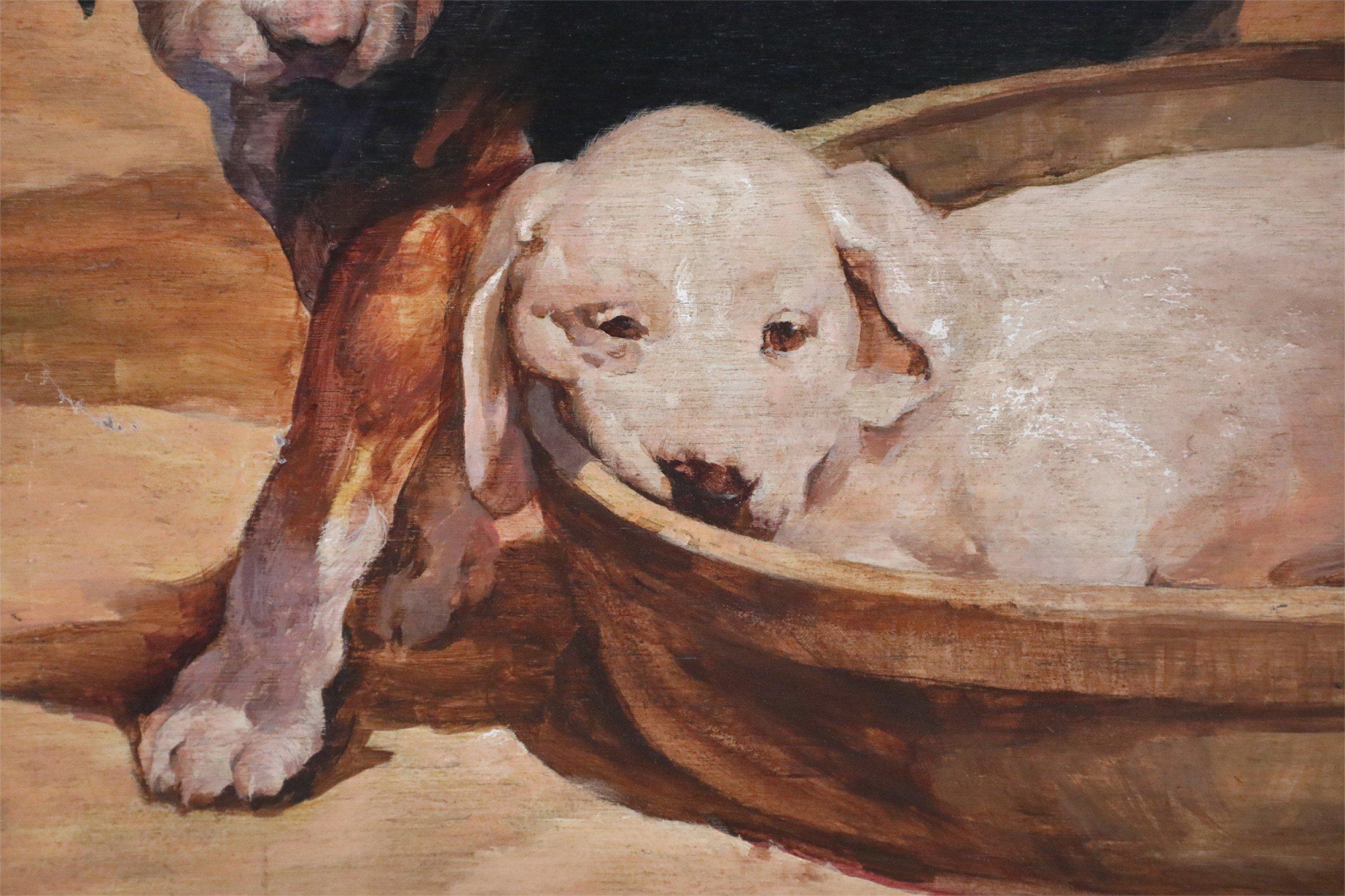 Mid-Century Modern Two Puppies and Basket Painting on Wood For Sale