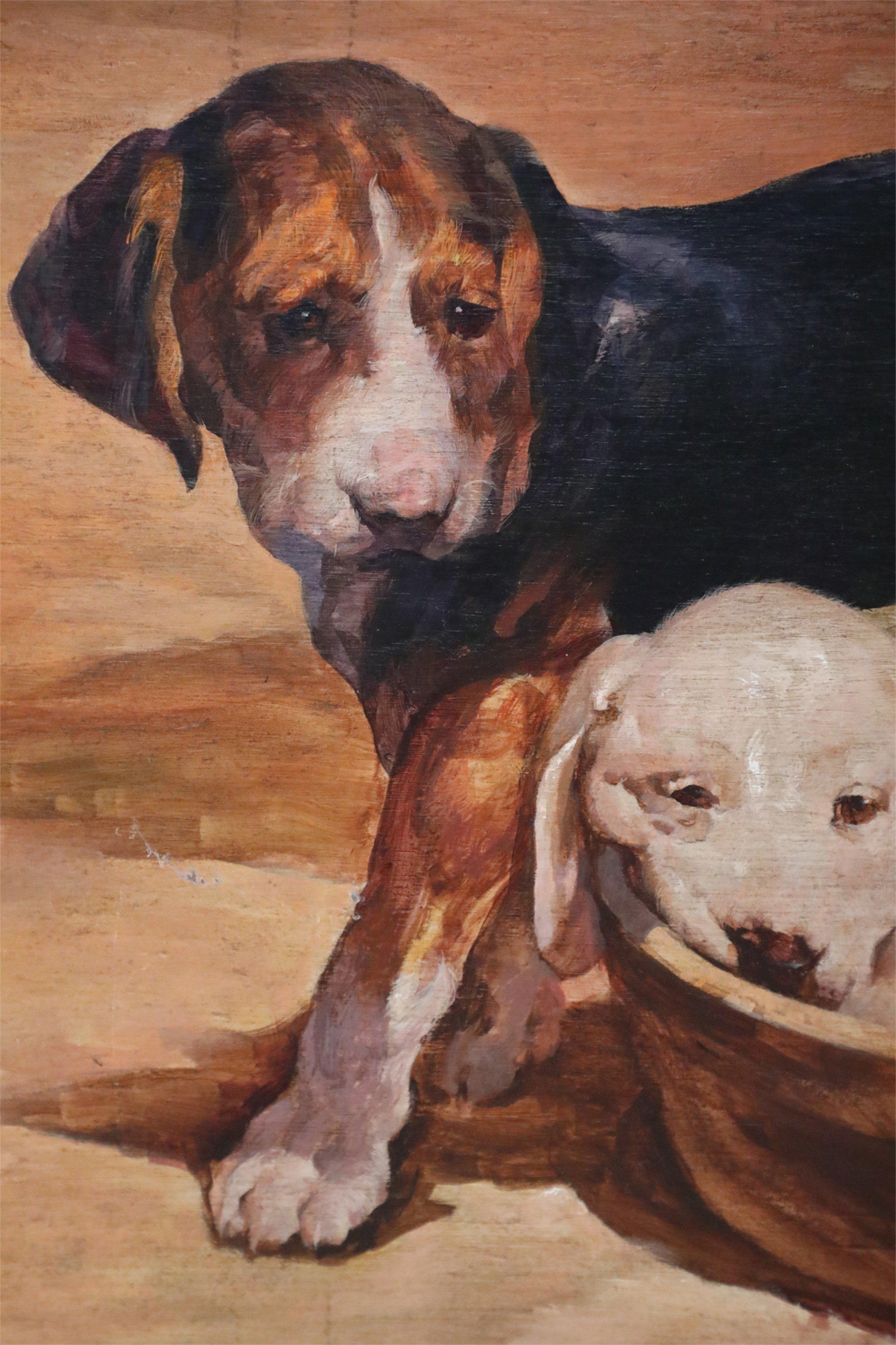 American Two Puppies and Basket Painting on Wood For Sale