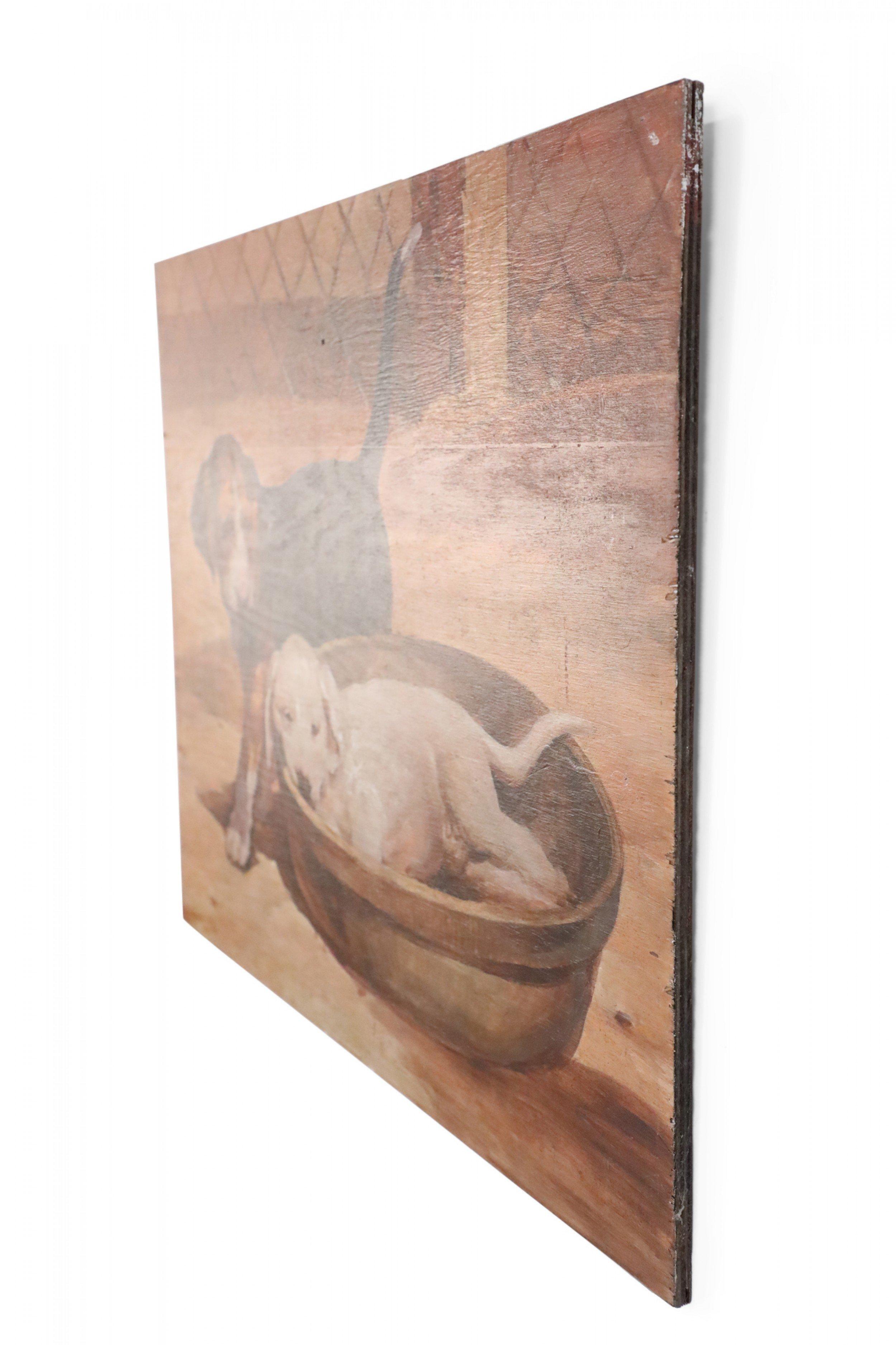20th Century Two Puppies and Basket Painting on Wood For Sale
