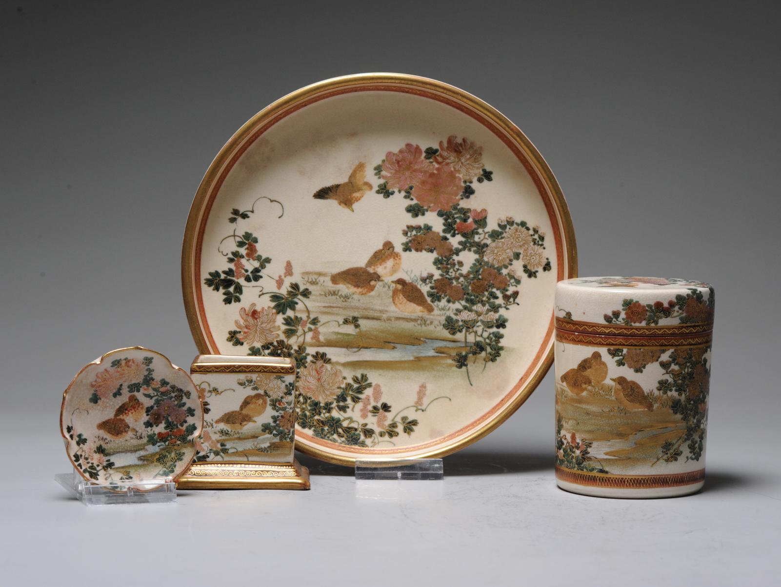 Description

Lovely and detailed group of satsuma ware with landscape scene with quails.

Toothpick holder, circular dish, small dish and lidded jar.

Condition
Overall Condition Toothpick holder 1 smal chip to rim with small line and some