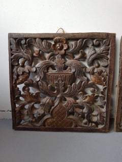 Two Rare 18th Century Carved Oak Panels with a Floral Scene