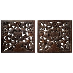 Two Rare 18th Century Carved Oak Panels with a Floral Scene