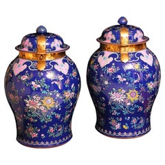 Two Rare 18th-Century Large Chinese Porcelain Vases with Flowers and Gilt-Brass