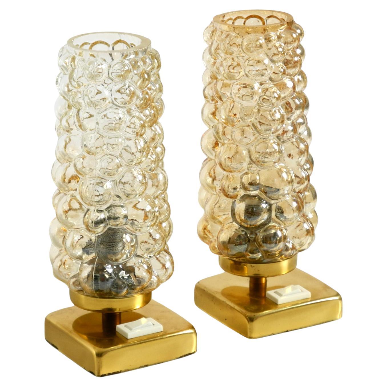 Two rare 1960s brass bedside lamps with gold bubble glass shades For Sale