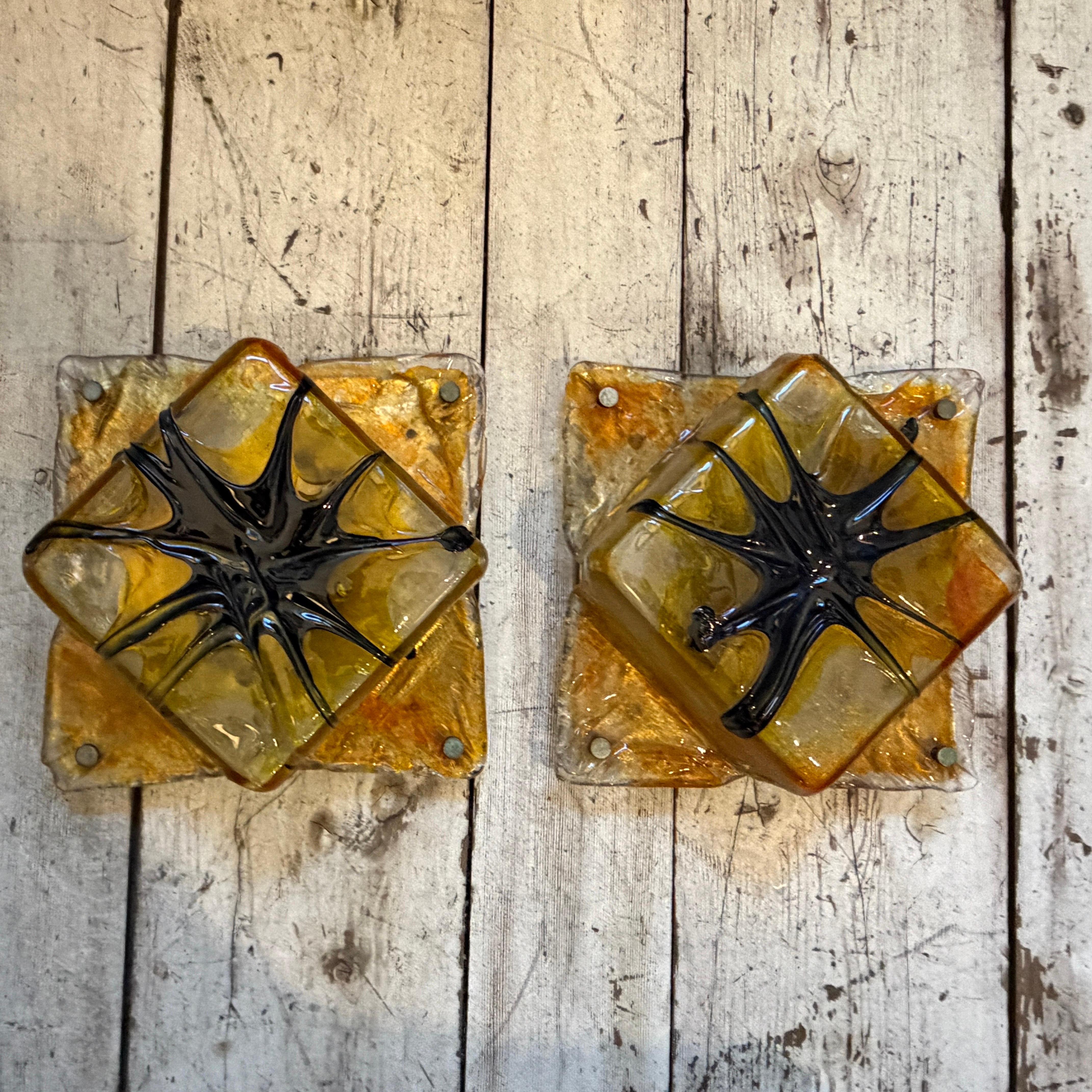 Two Rare 1970s Mazzega Space Age Square Murano Glass Wall or Ceiling Lights en vente 10