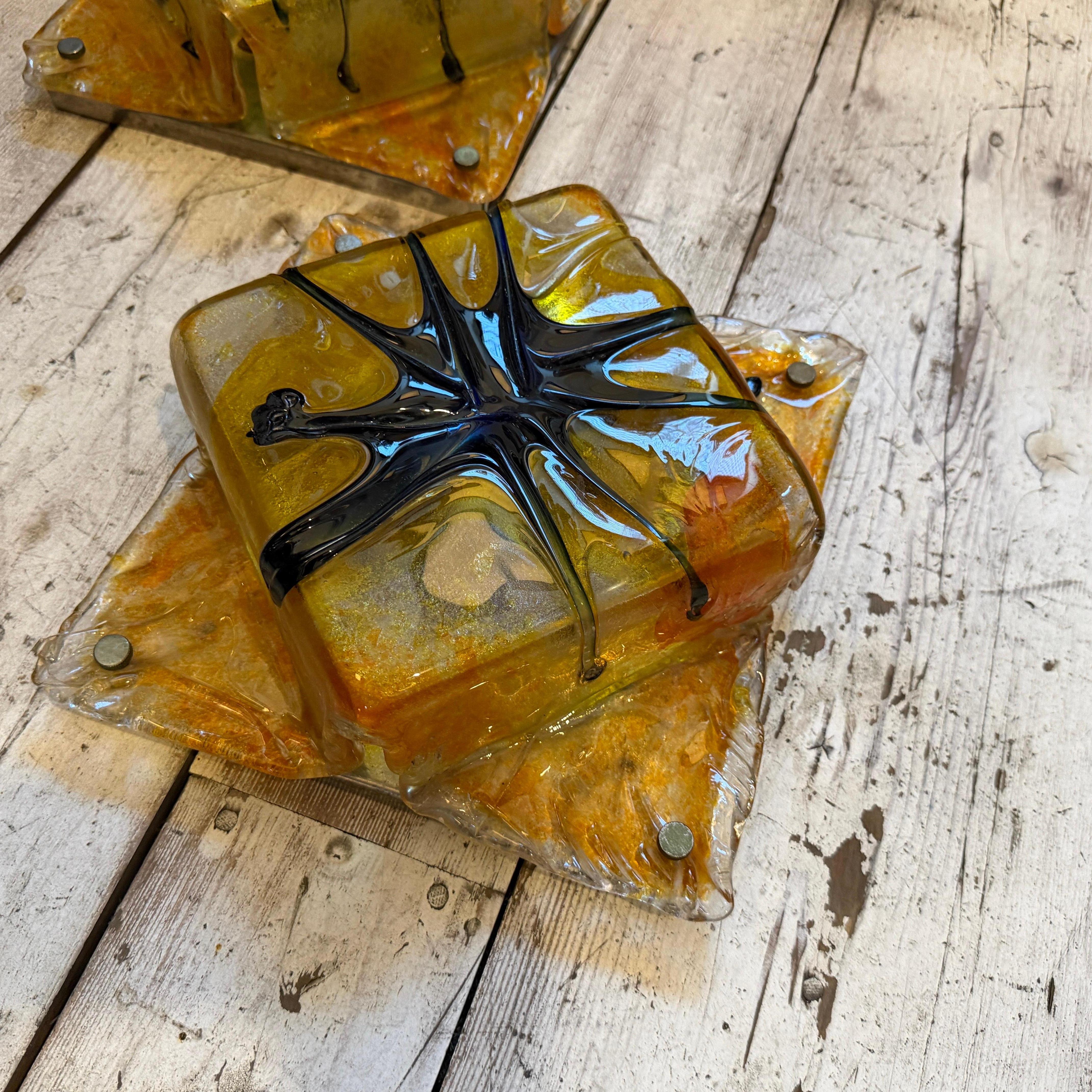 italien Two Rare 1970s Mazzega Space Age Square Murano Glass Wall or Ceiling Lights en vente