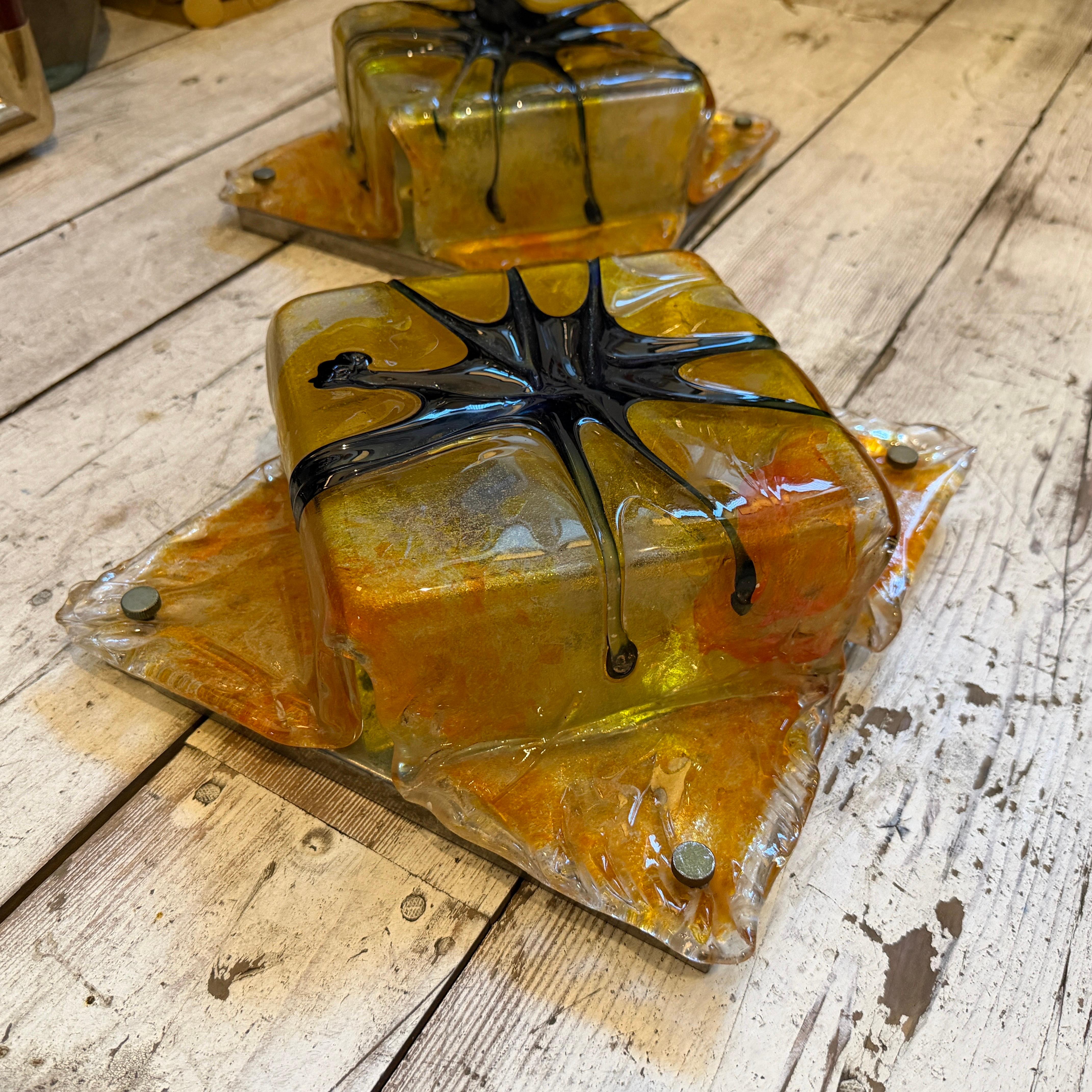 Two Rare 1970s Mazzega Space Age Square Murano Glass Wall or Ceiling Lights Bon état - En vente à Aci Castello, IT