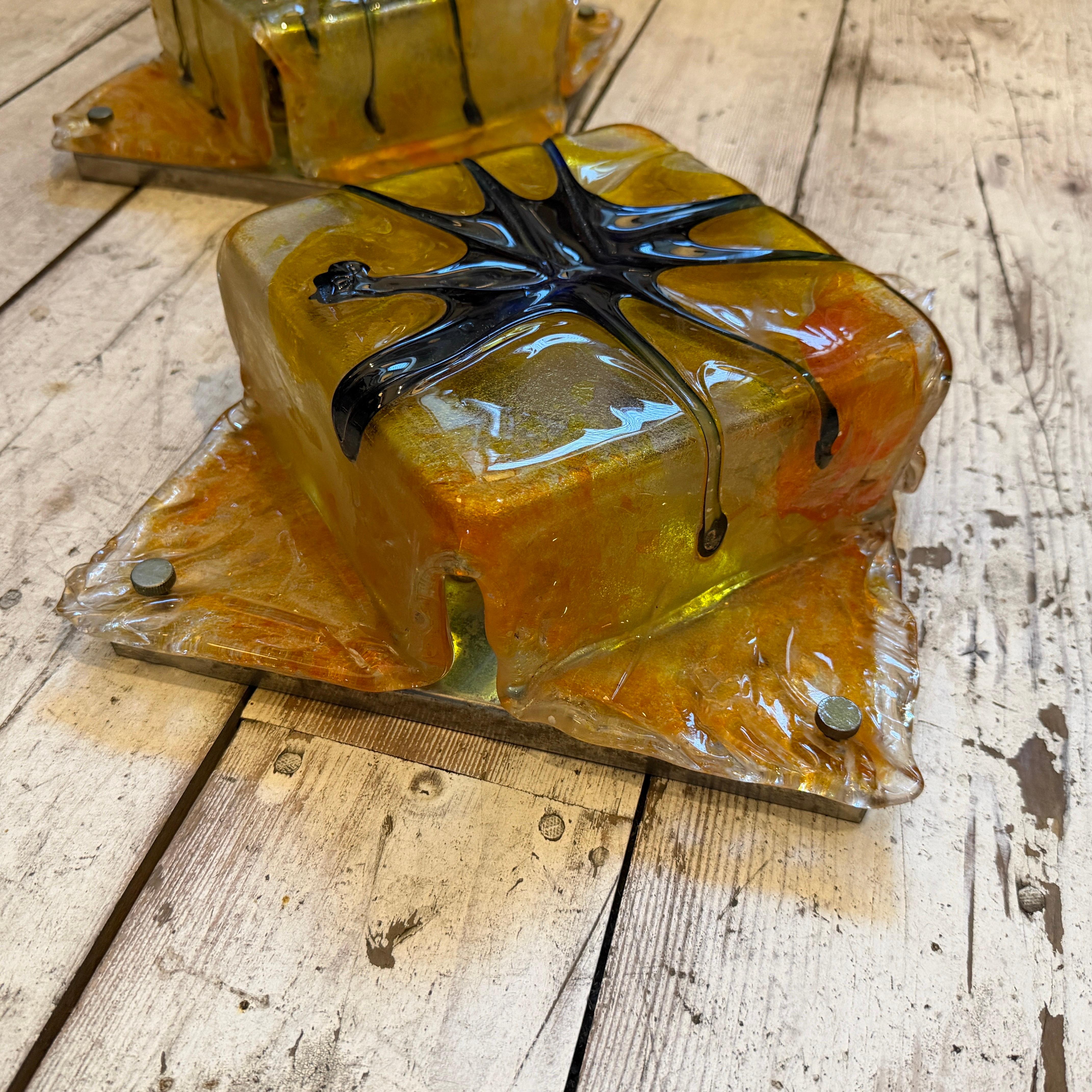 20ième siècle Two Rare 1970s Mazzega Space Age Square Murano Glass Wall or Ceiling Lights en vente