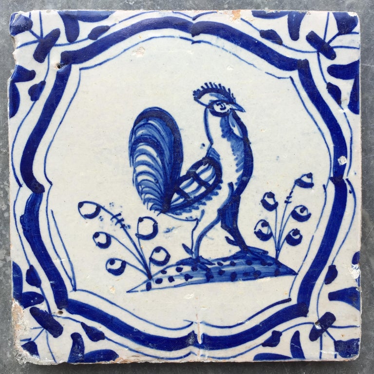 Two Rare Dutch Delft Tile with Rooster and Chicken, 17th Century at 1stDibs