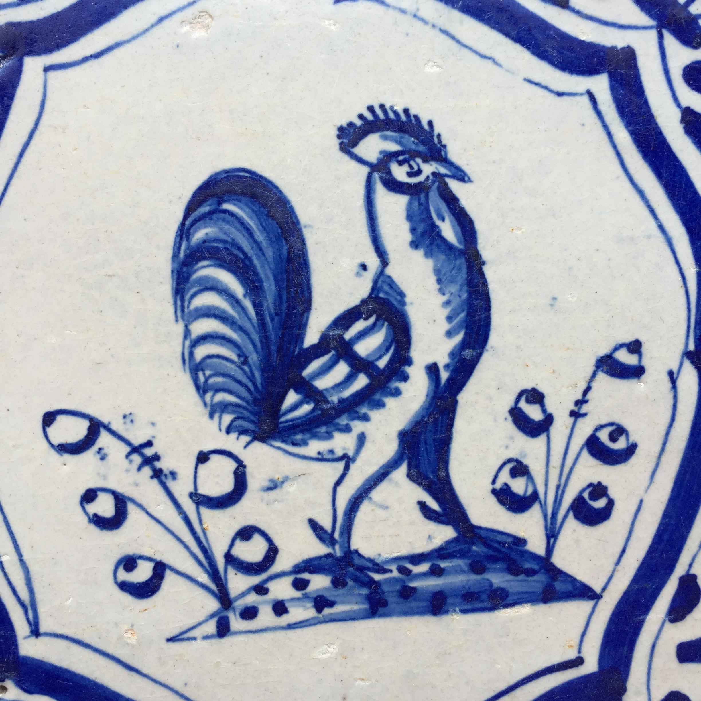 Baroque Two Rare Dutch Delft Tile with Rooster and Chicken, 17th Century