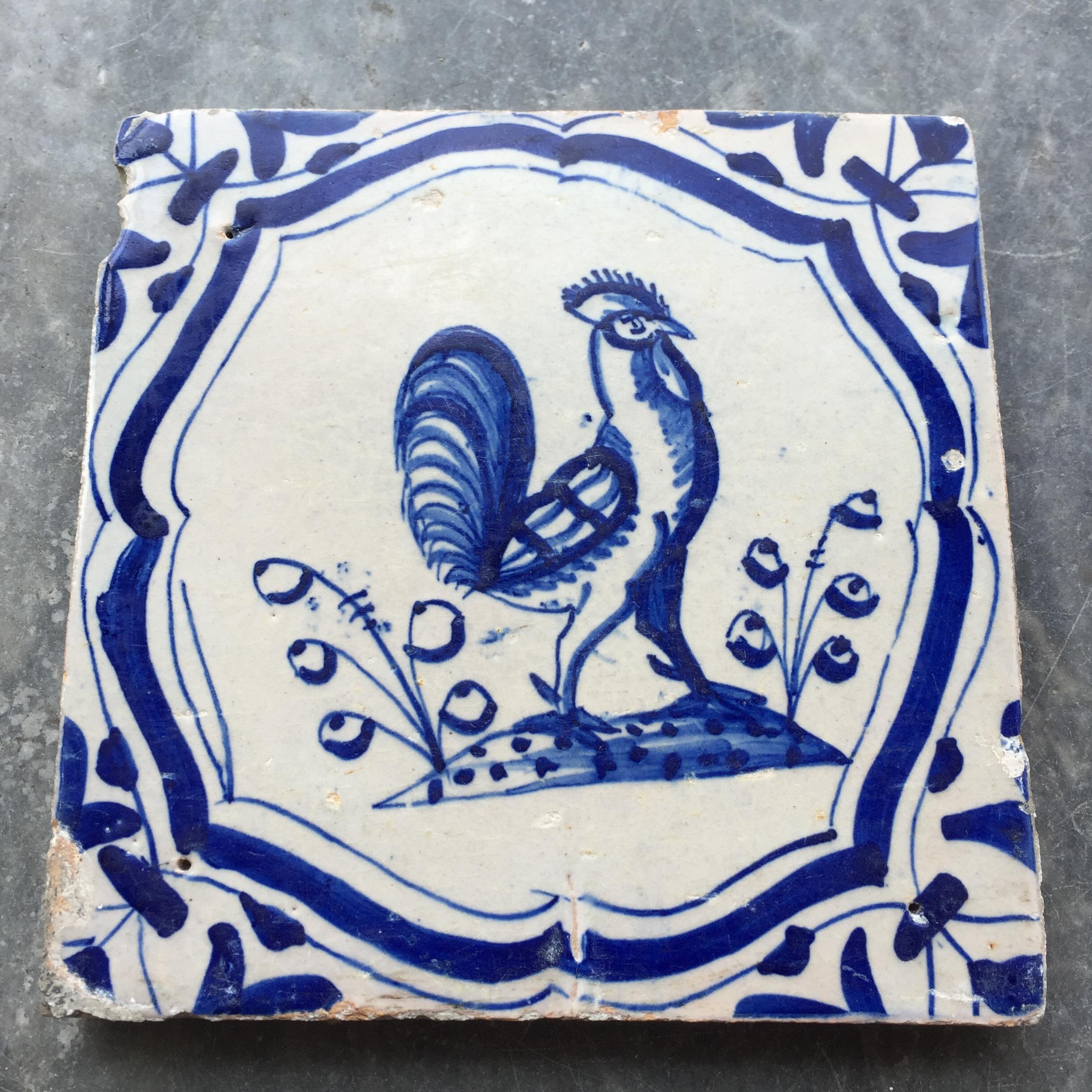 Fired Two Rare Dutch Delft Tile with Rooster and Chicken, 17th Century