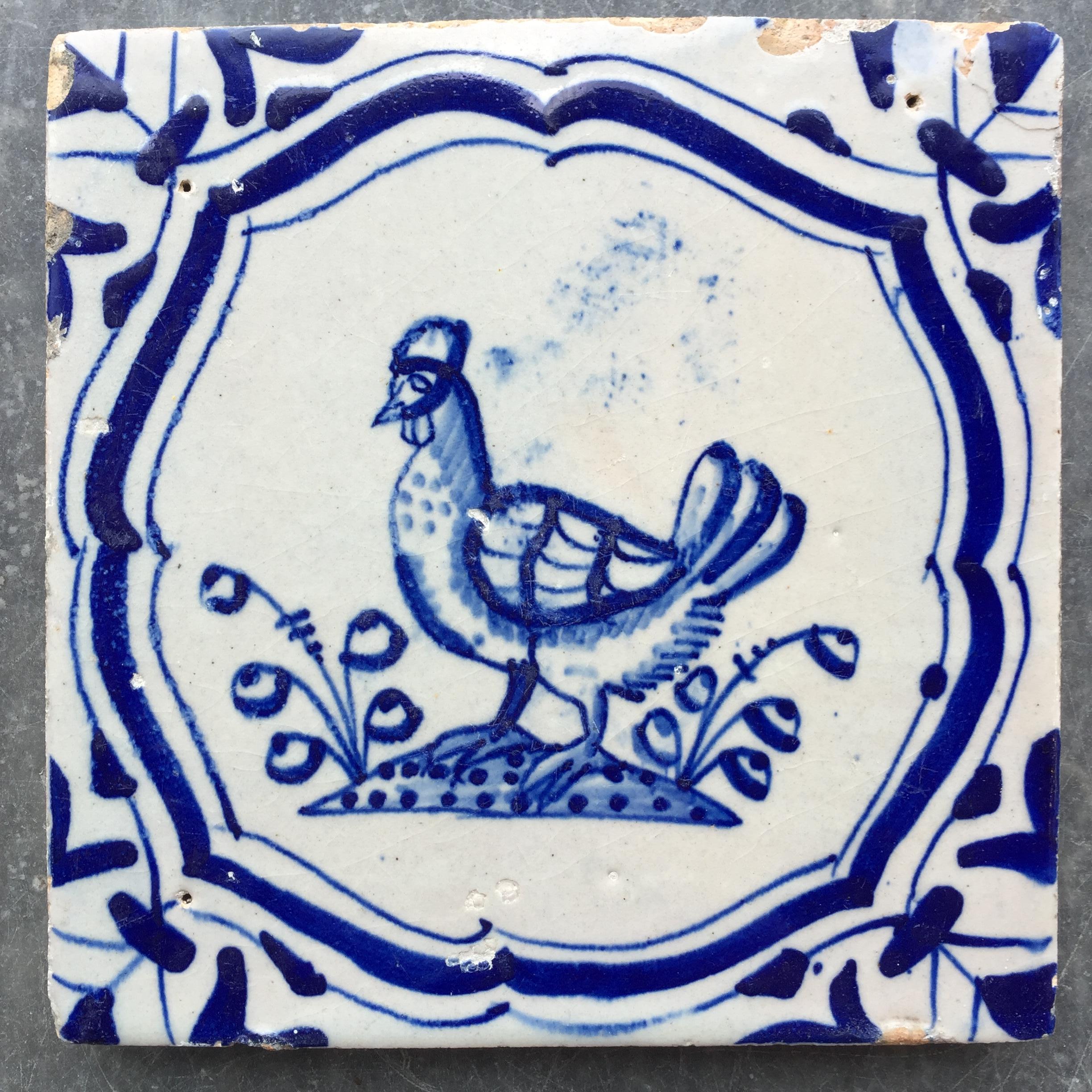 Ceramic Two Rare Dutch Delft Tile with Rooster and Chicken, 17th Century