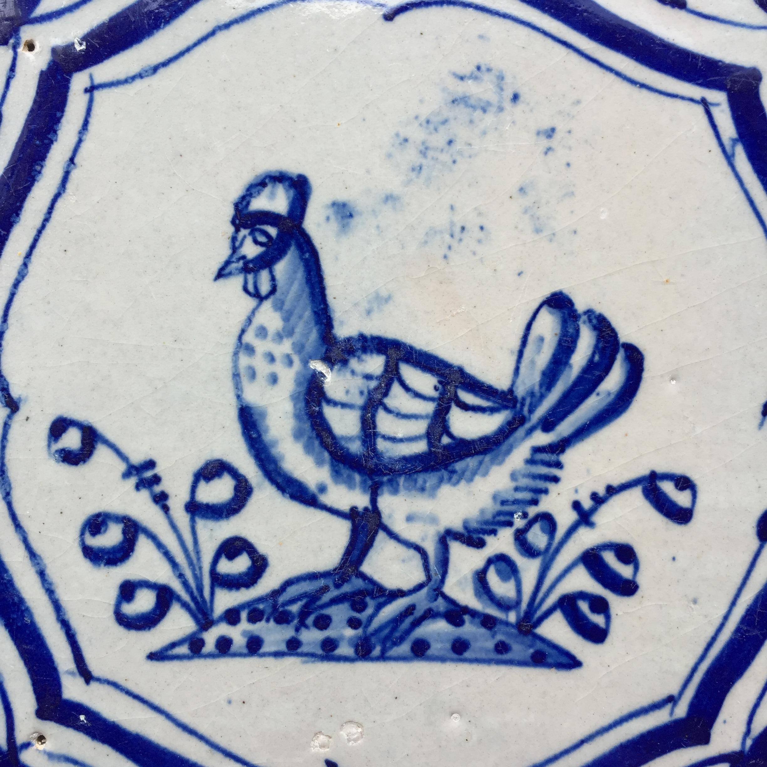 Two Rare Dutch Delft Tile with Rooster and Chicken, 17th Century 1