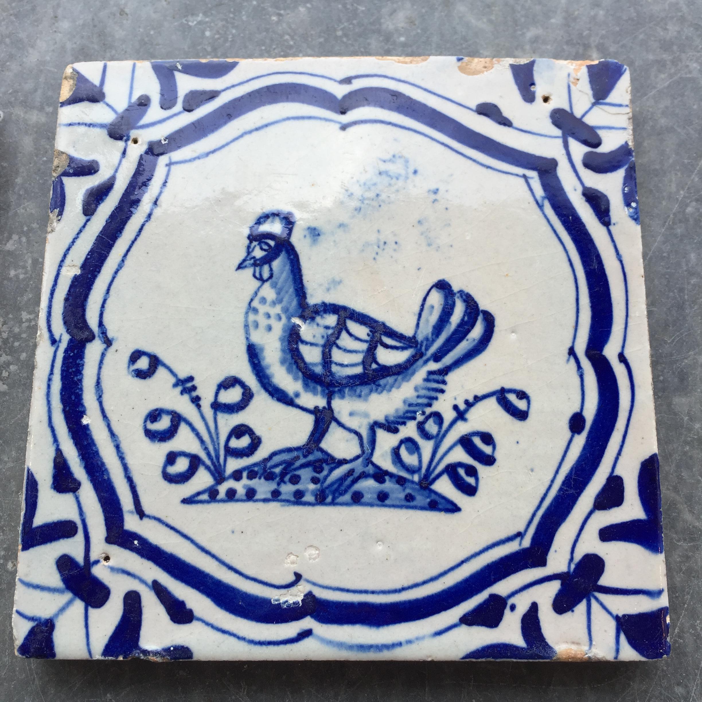 Two Rare Dutch Delft Tile with Rooster and Chicken, 17th Century 2