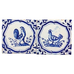 Two Rare Dutch Delft Tile with Rooster and Chicken, 17th Century
