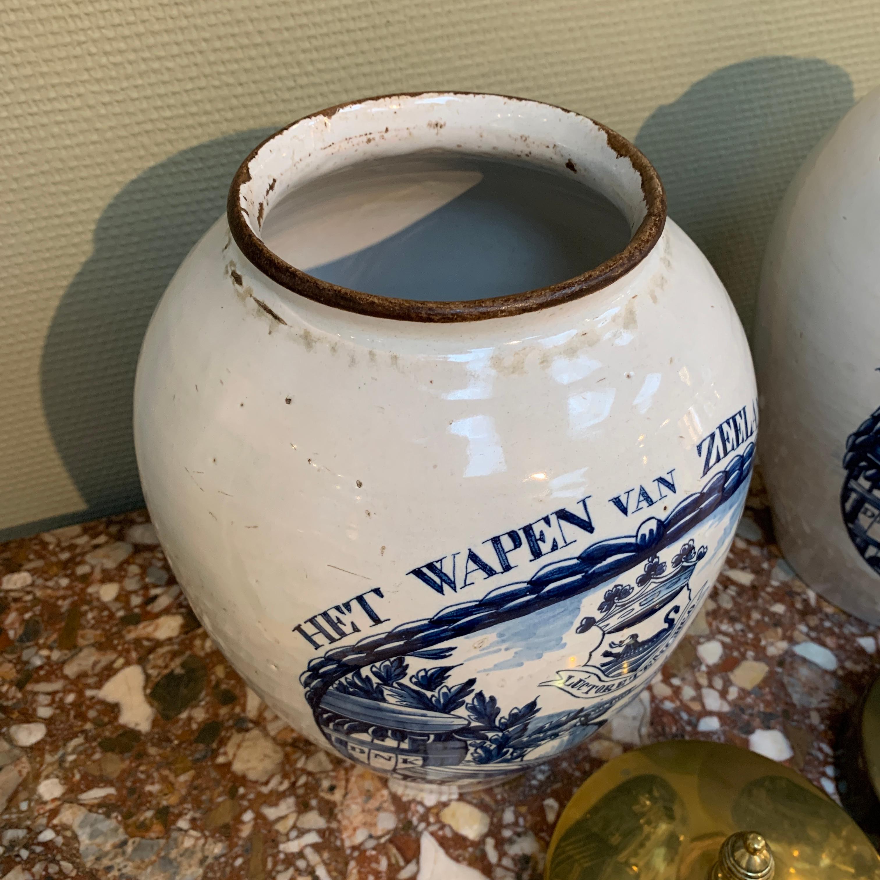 Ceramic Two Rare Dutch Delft Tobacco Jars, Het Wapen van Zeeland, 18th Century