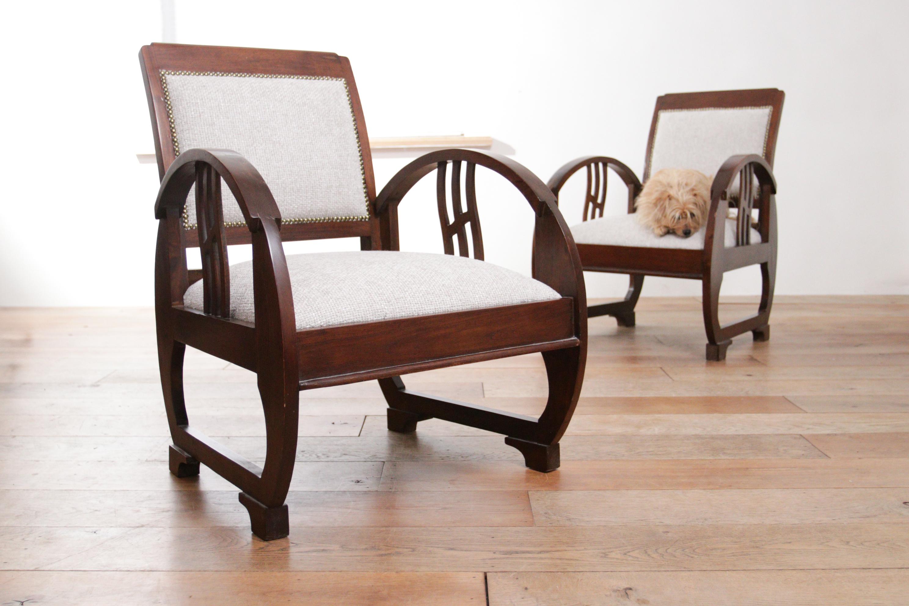 Mid-20th Century Two Rare Exclusive Elegant Art Deco Vintage French Wooden Armchairs 1930's