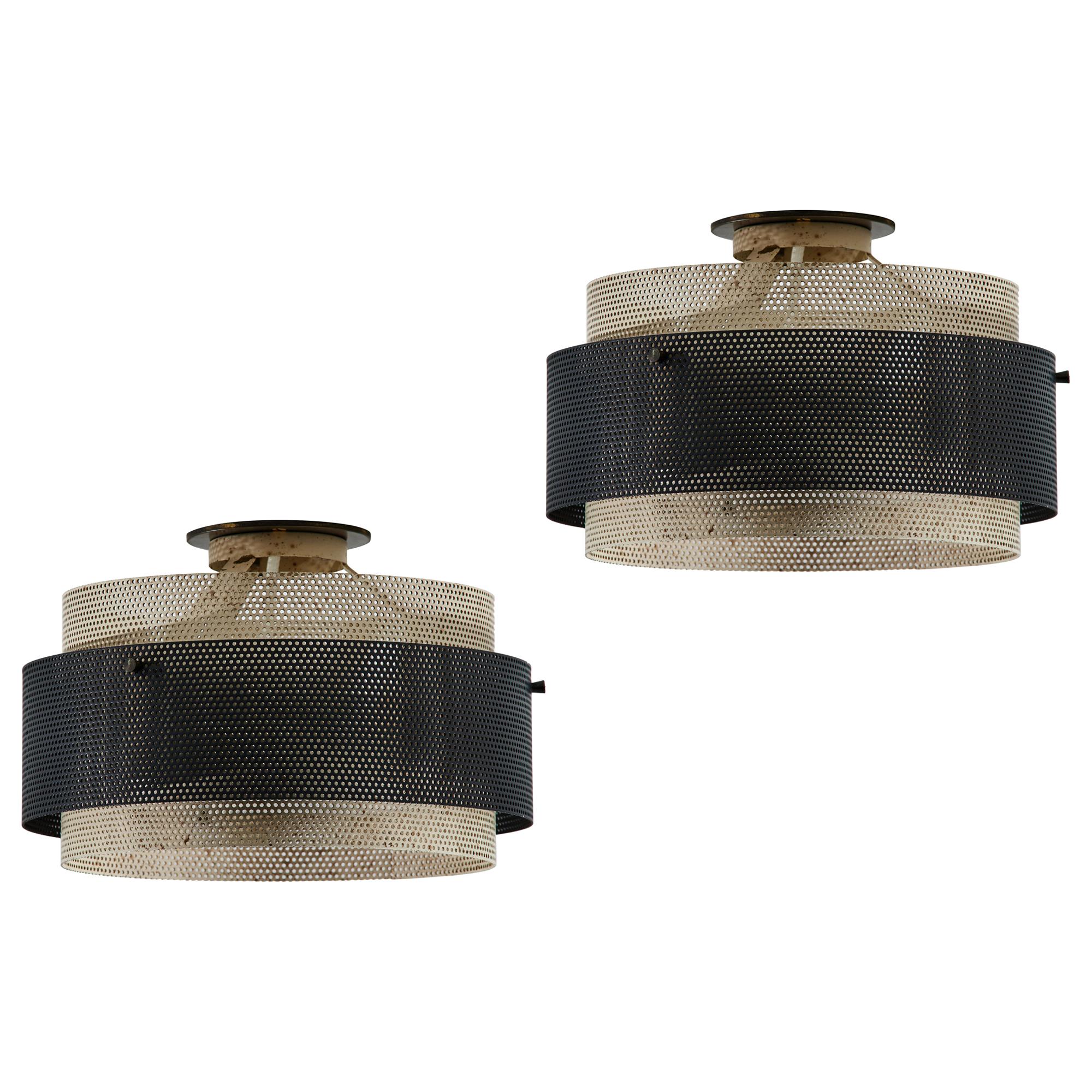 Two Rare Flushmount Ceiling Lights by Jacques Biny for Luminaire