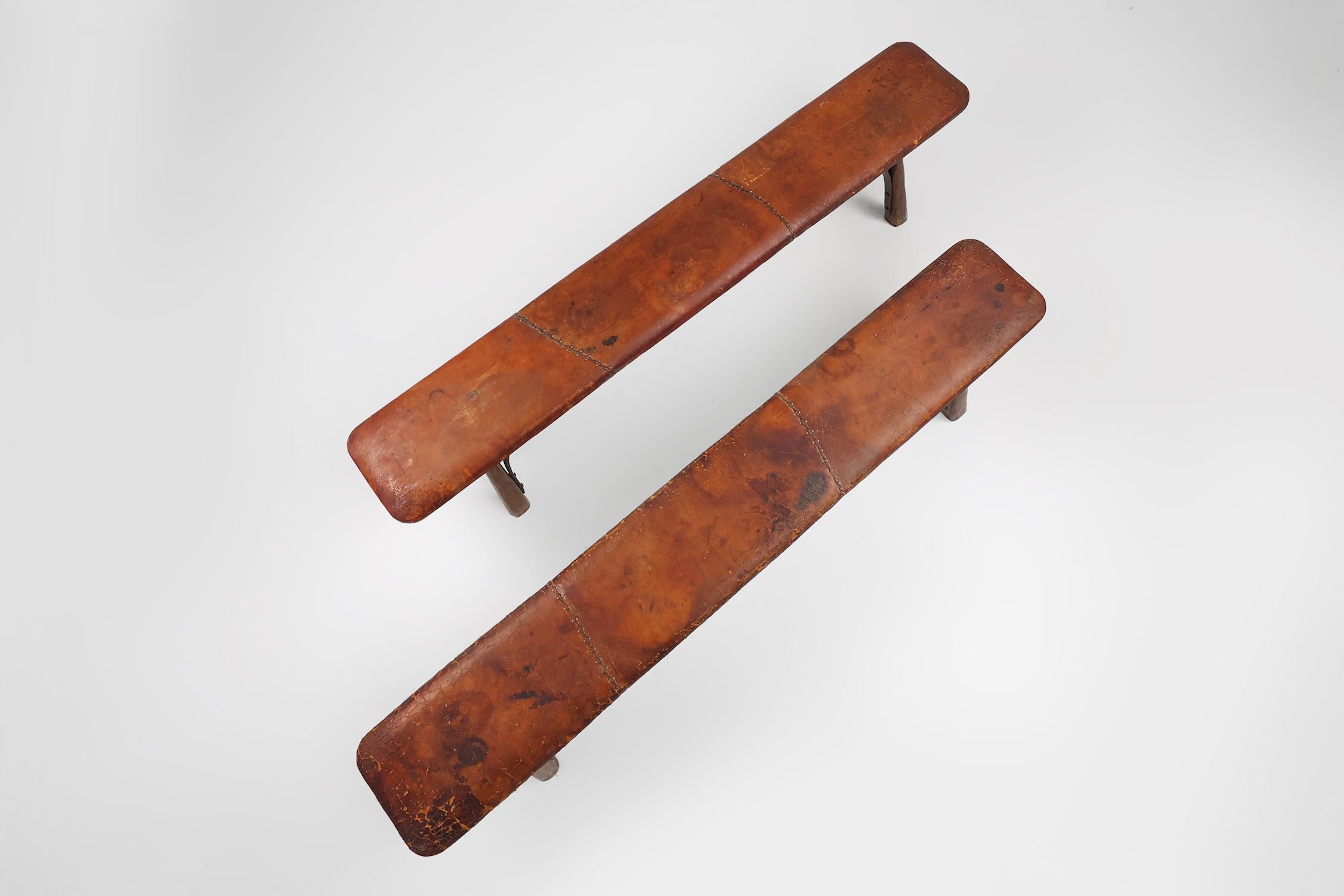 Two rare industrial gym benches in oak and wrought iron with leather top 2