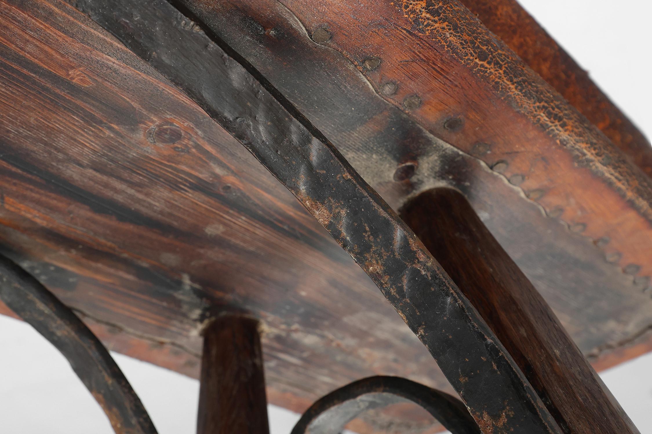 Two rare industrial gym benches in oak and wrought iron with leather top 6
