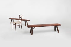 Two rare industrial gym benches in oak and wrought iron with leather top