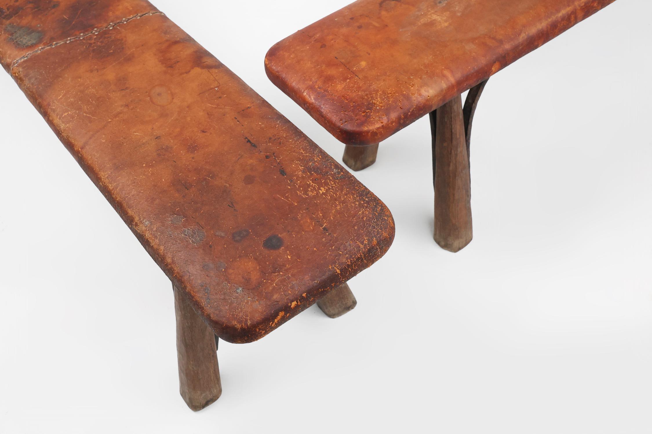Industrial Two rare industrial gym benches in oak and wrought iron with leather top