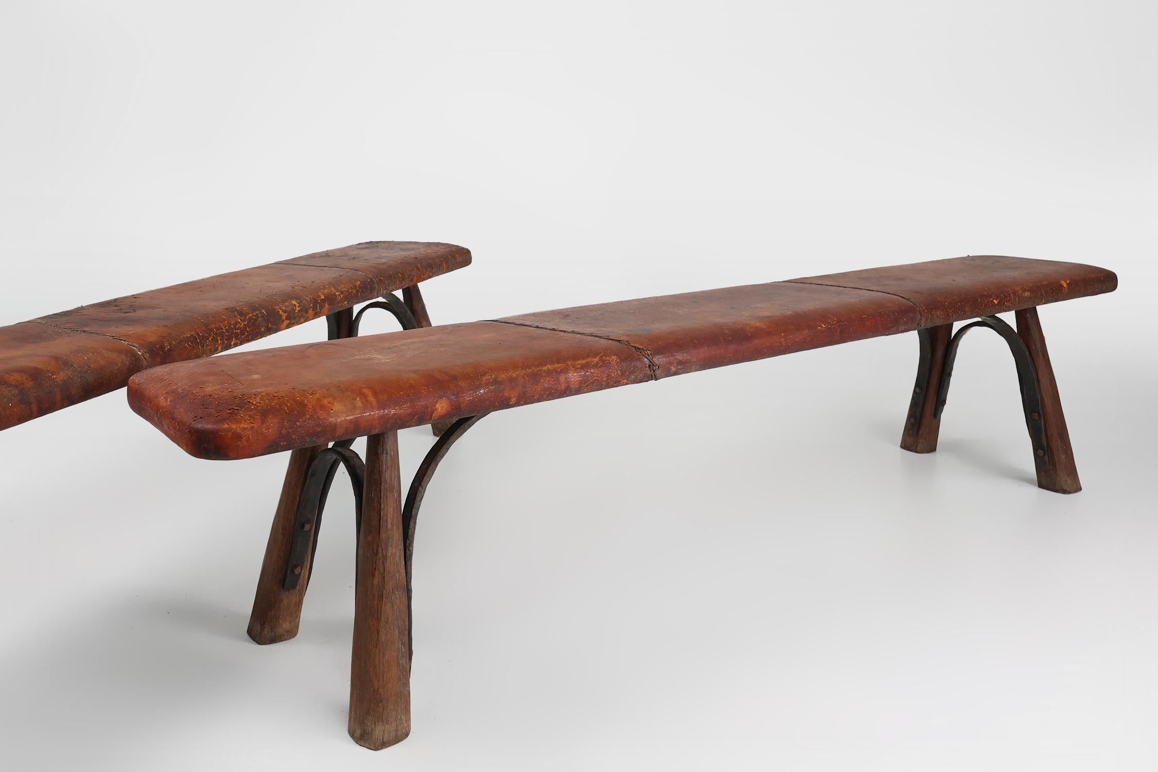20th Century Two rare industrial gym benches in oak and wrought iron with leather top