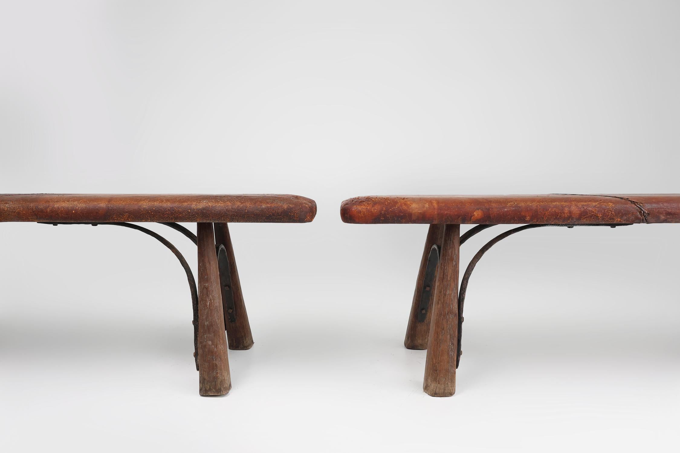 Leather Two rare industrial gym benches in oak and wrought iron with leather top