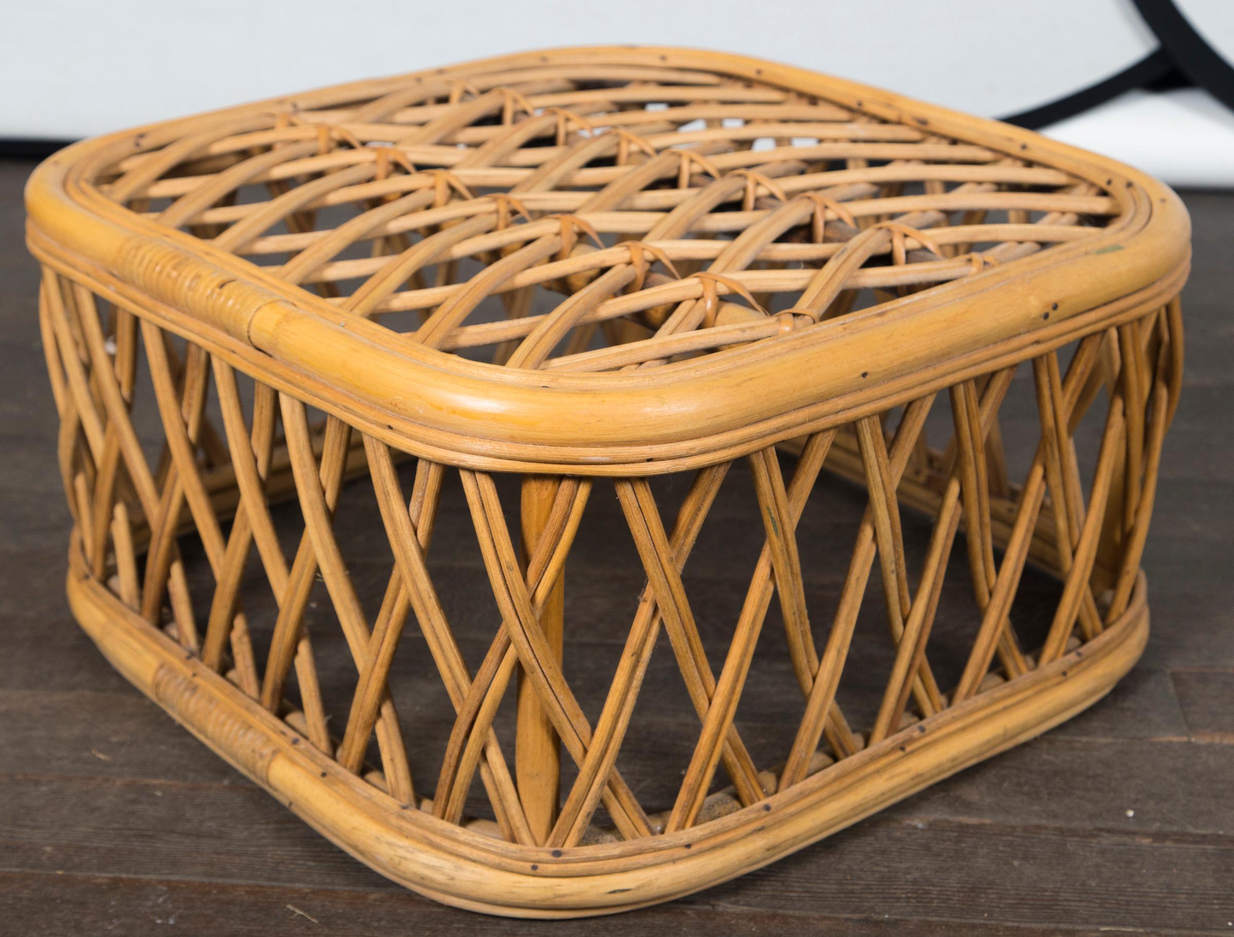 Two Rattan Pieces Small Cylindrical Table, Small Square Ottoman For Sale 1