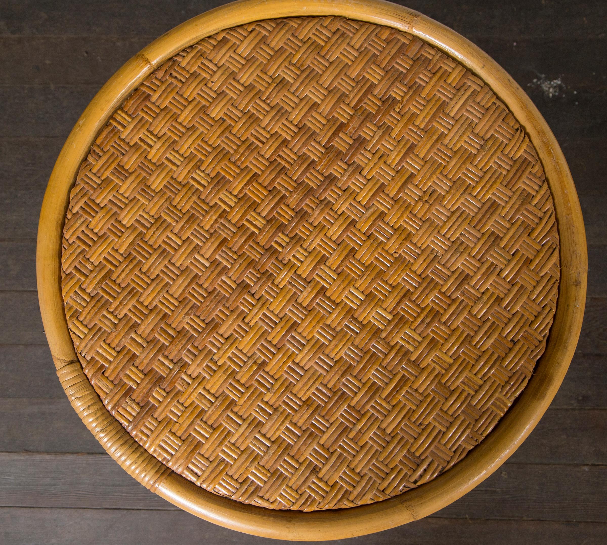 Sturdy, well-made rattan round side table and square rattan ottoman. Both in beautiful condition. Ottoman is 20 inches square, 10.5 inches high.