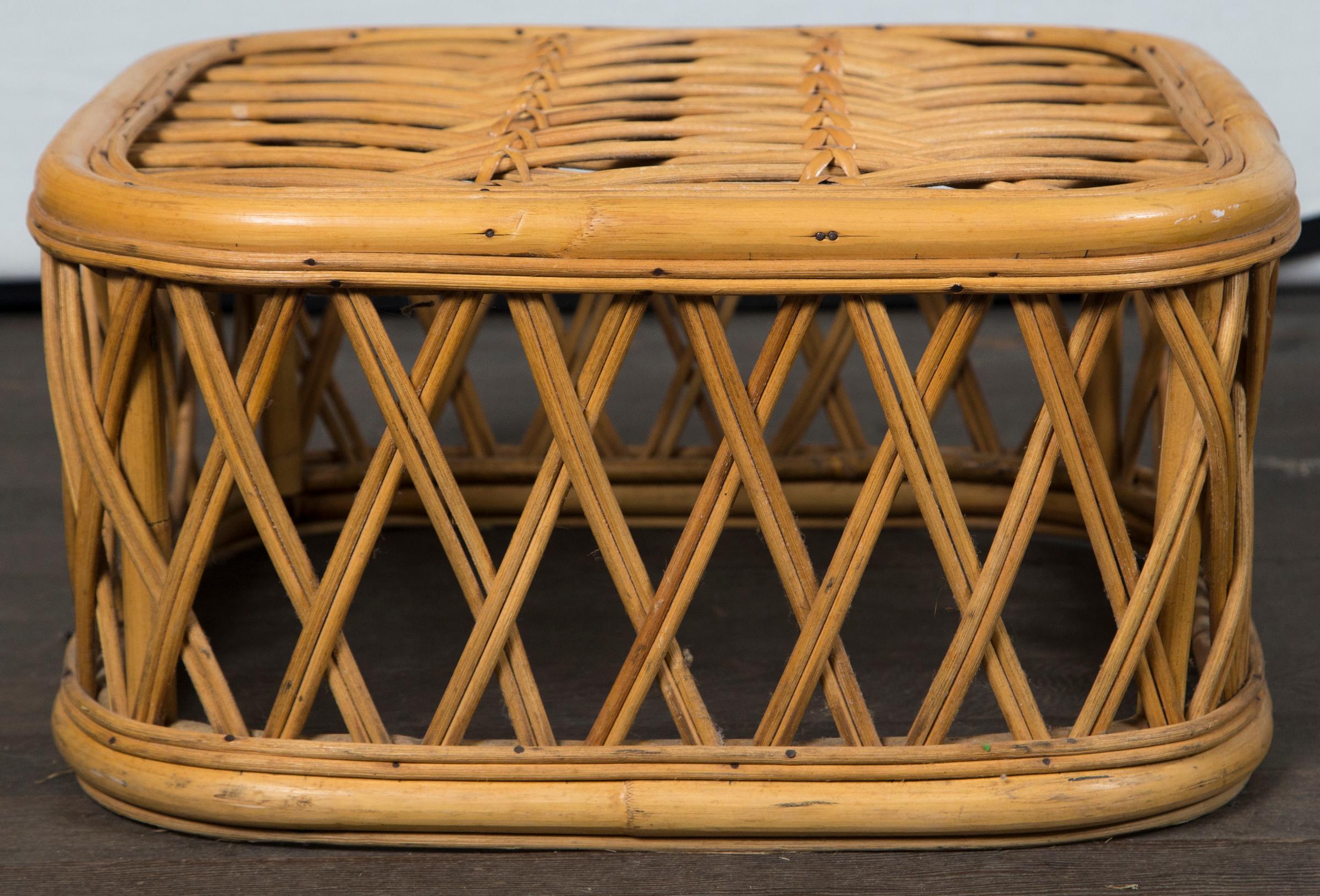 Hong Kong Two Rattan Pieces Small Cylindrical Table, Small Square Ottoman For Sale