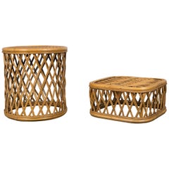 Vintage Two Rattan Pieces Small Cylindrical Table, Small Square Ottoman