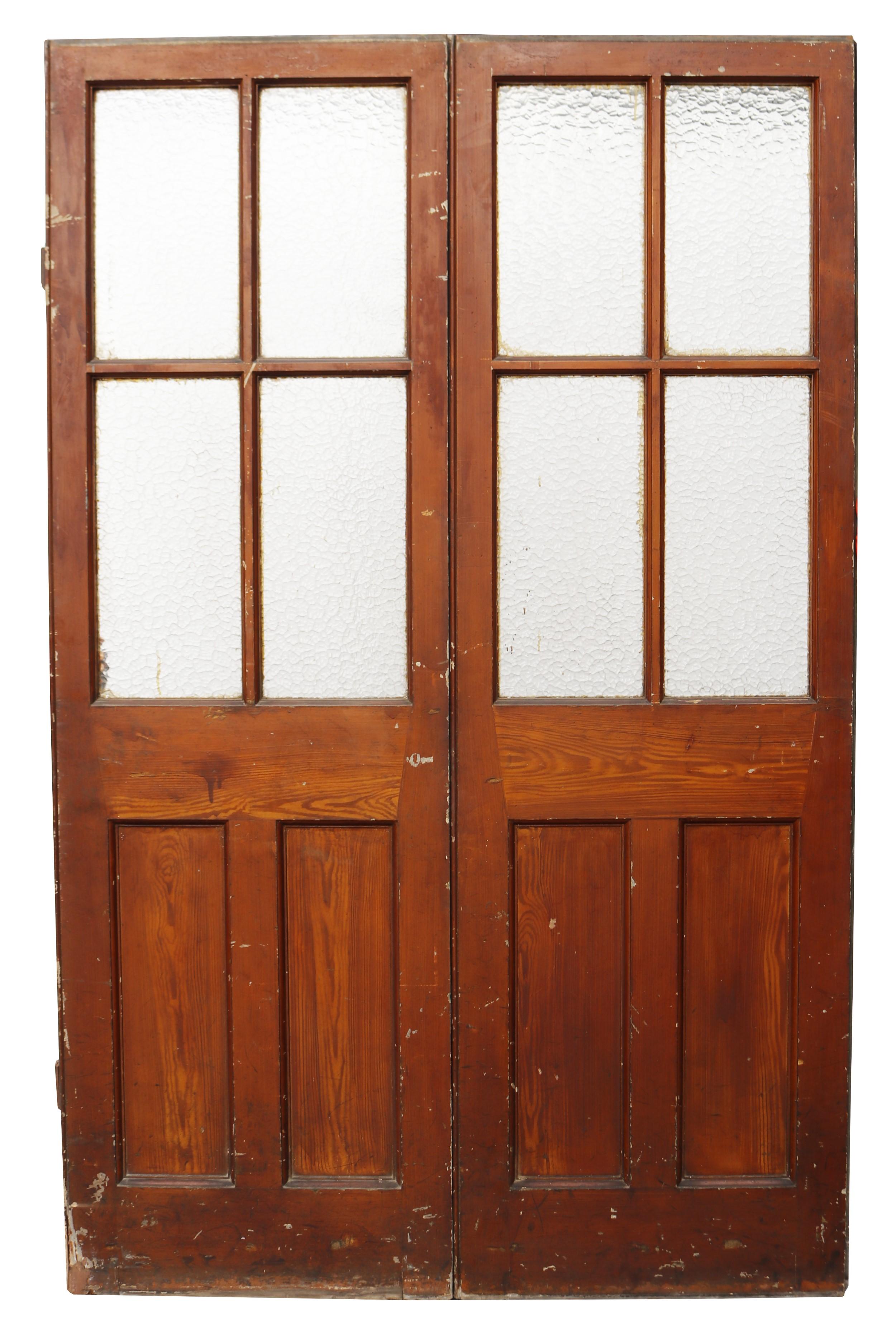 Two Reclaimed Pine Doors with Textured Glass In Fair Condition For Sale In Wormelow, Herefordshire