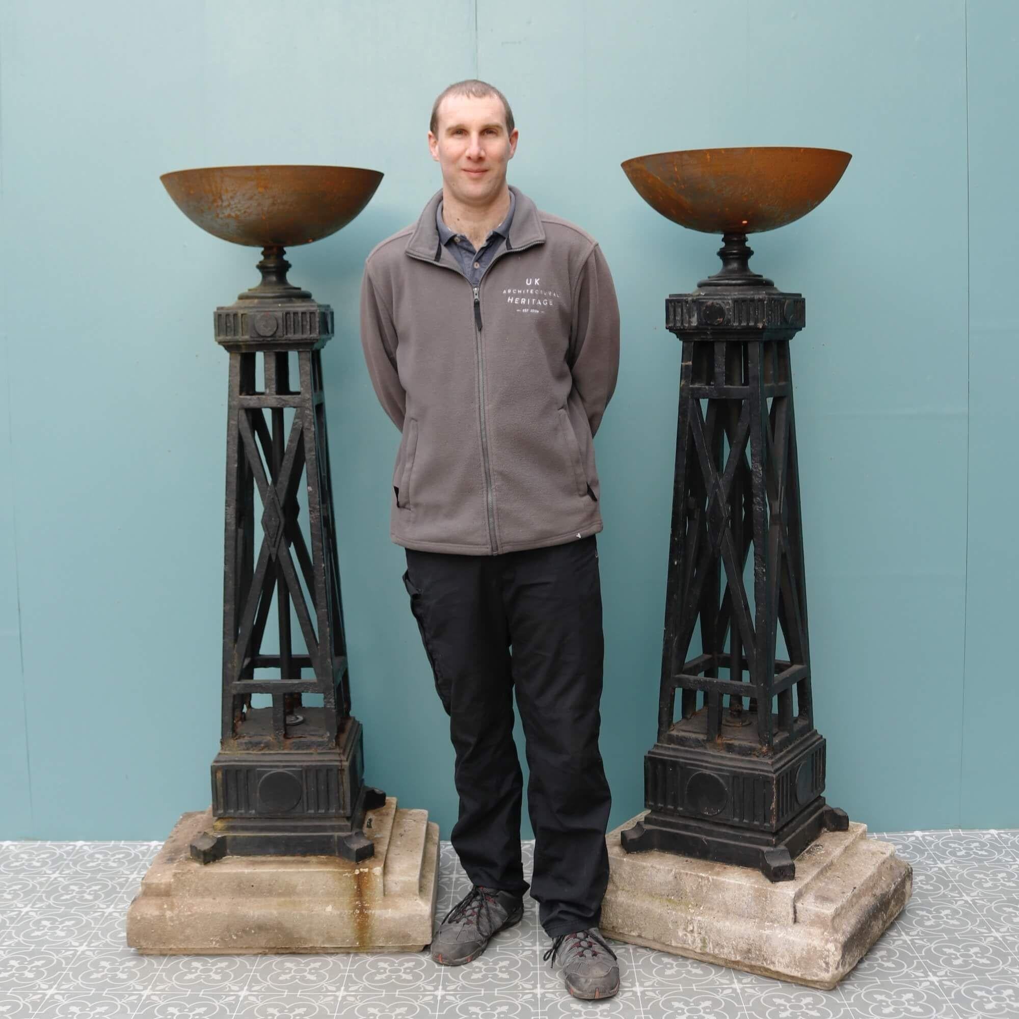 Each standing at 165cm (64.96 inches) tall, these spectacular reclaimed 20th century outdoor braziers or vintage garden torchieres bring grandeur and prestige to any property. Imagine the pair placed either side of an entrance to a lavish mansion or