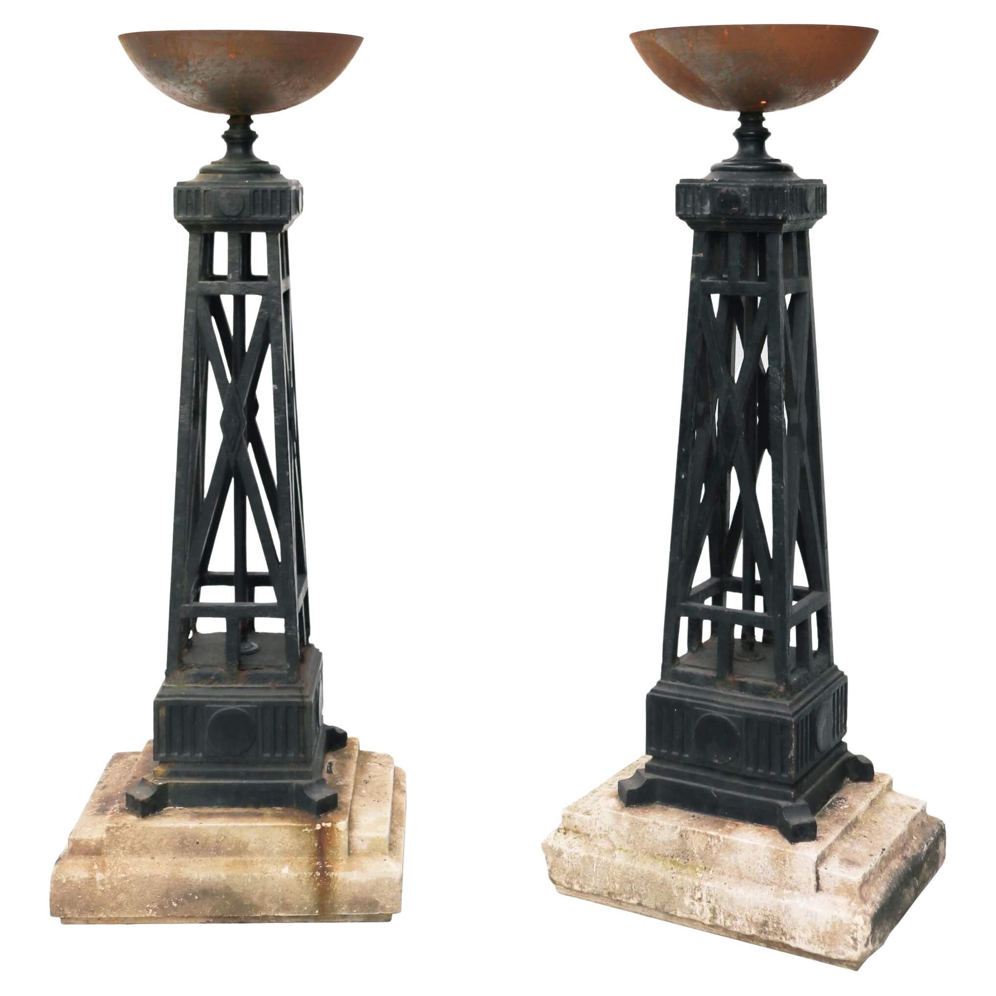 Two Reclaimed Tall Outdoor Braziers or Torchieres For Sale