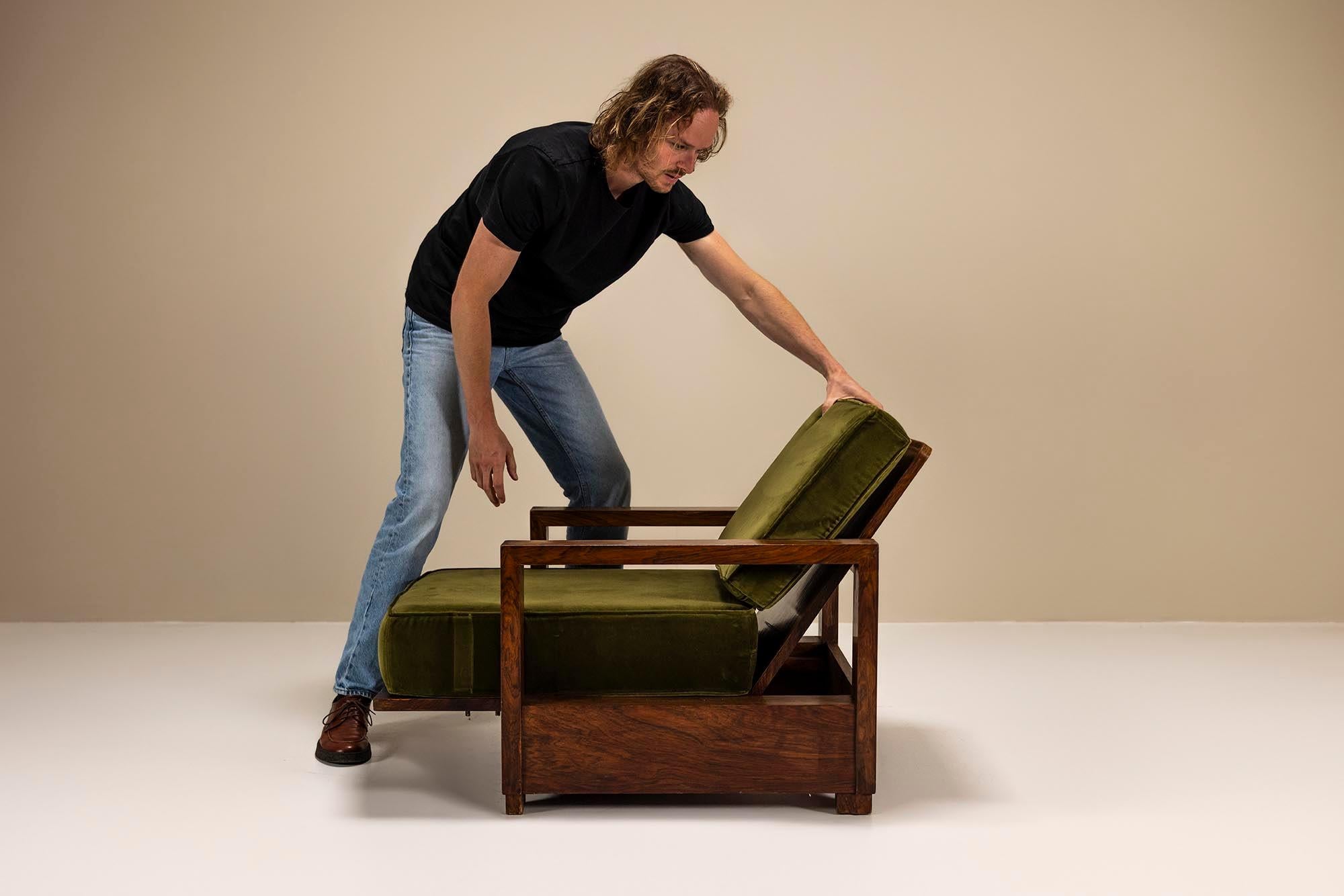 Two Reclining Lounge Chairs in Mahogany and Green Velvet by Bas van Pelt, 1935 5