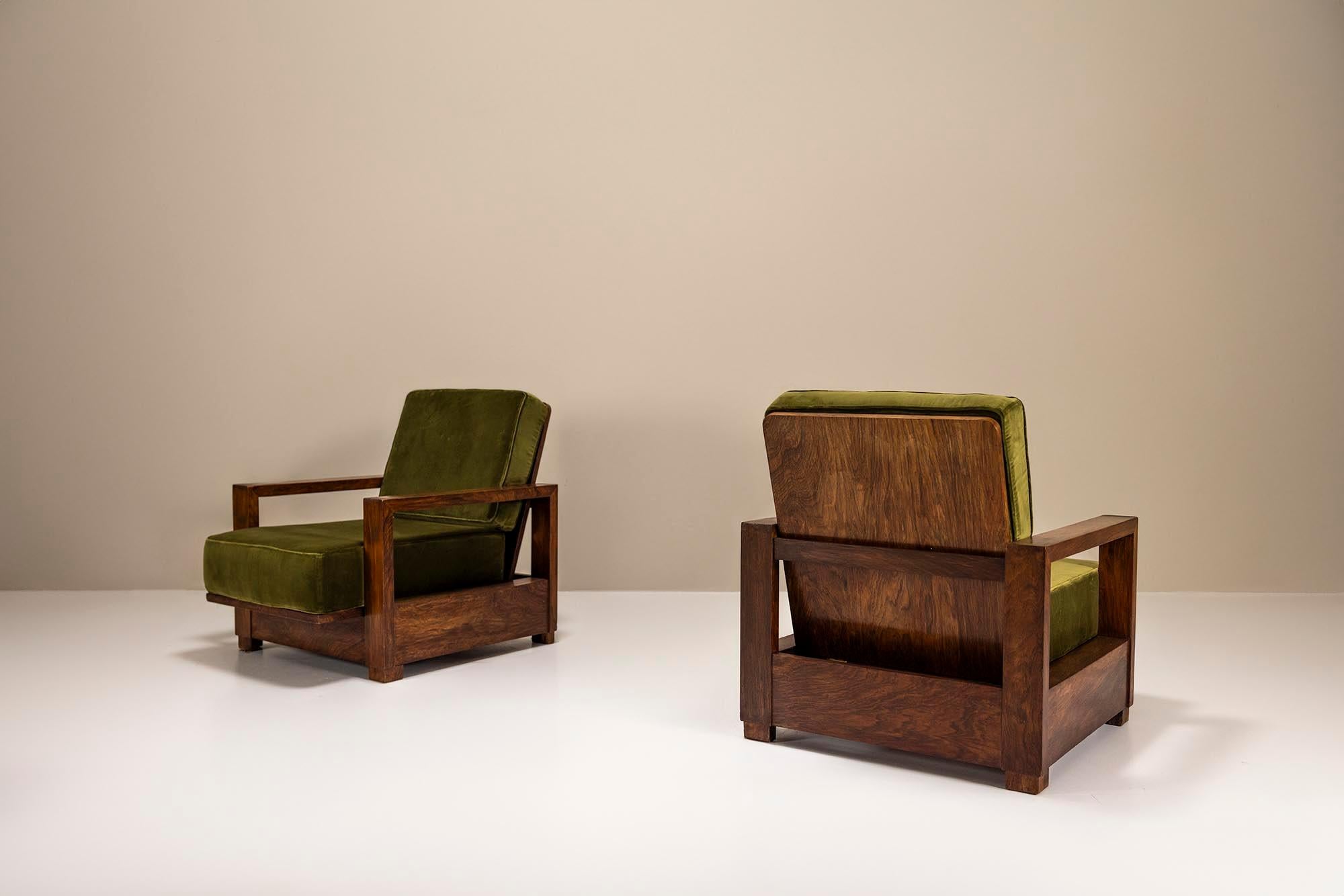 Art Deco Two Reclining Lounge Chairs in Mahogany and Green Velvet by Bas van Pelt, 1935