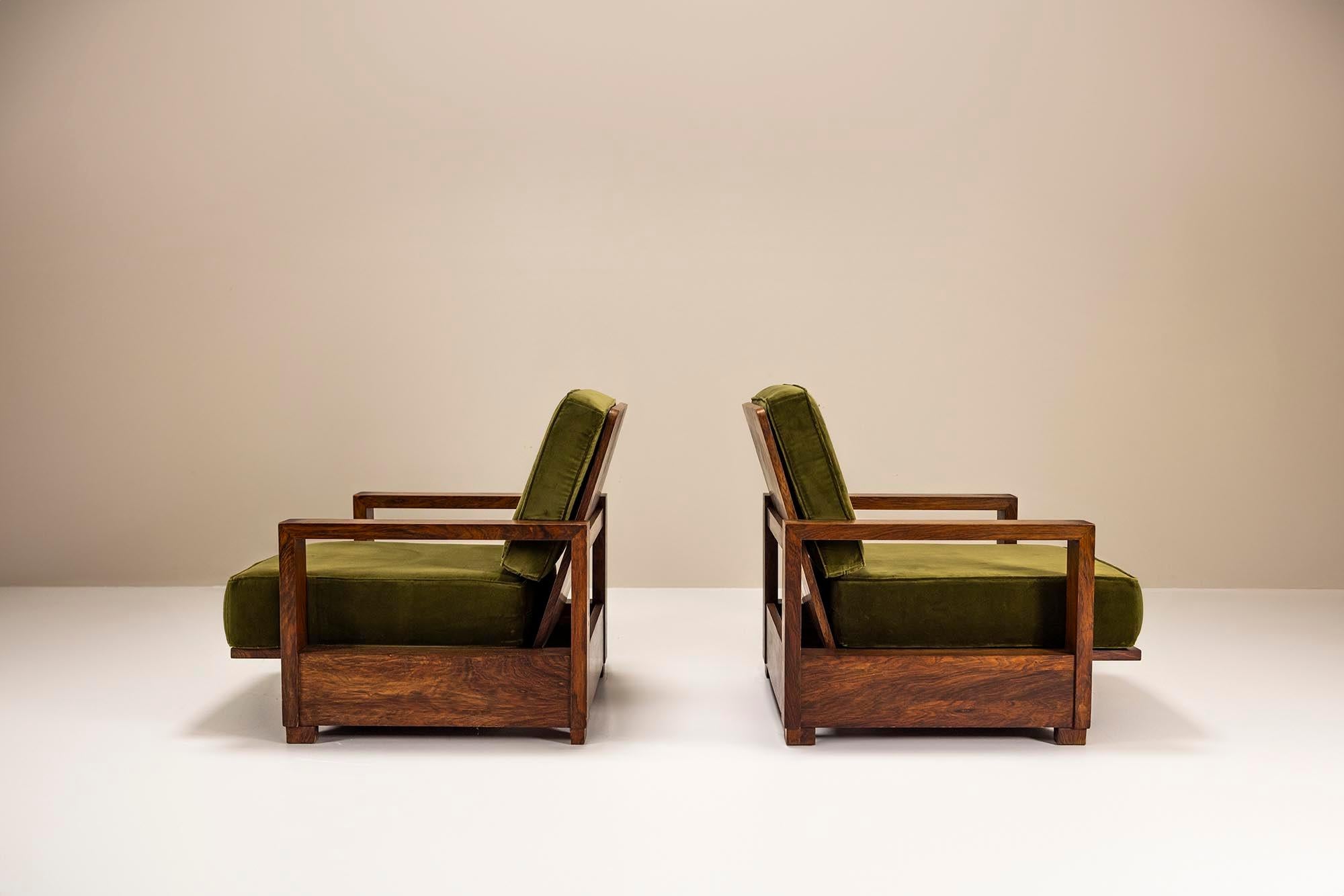 Dutch Two Reclining Lounge Chairs in Mahogany and Green Velvet by Bas van Pelt, 1935